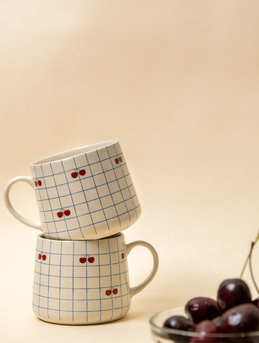 Cherry Checkered Ceramic Mug - 3.5 x 3 Inches , Set of 4
