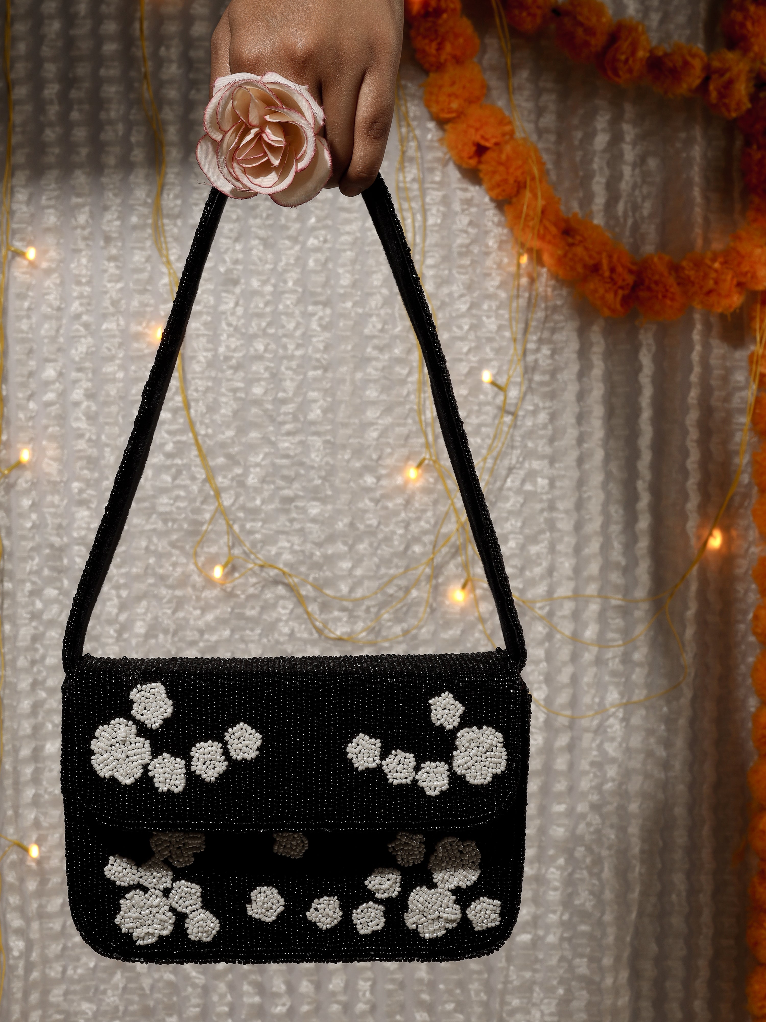 Black Rose Beaded Purse - 7.5 x 5 Inches