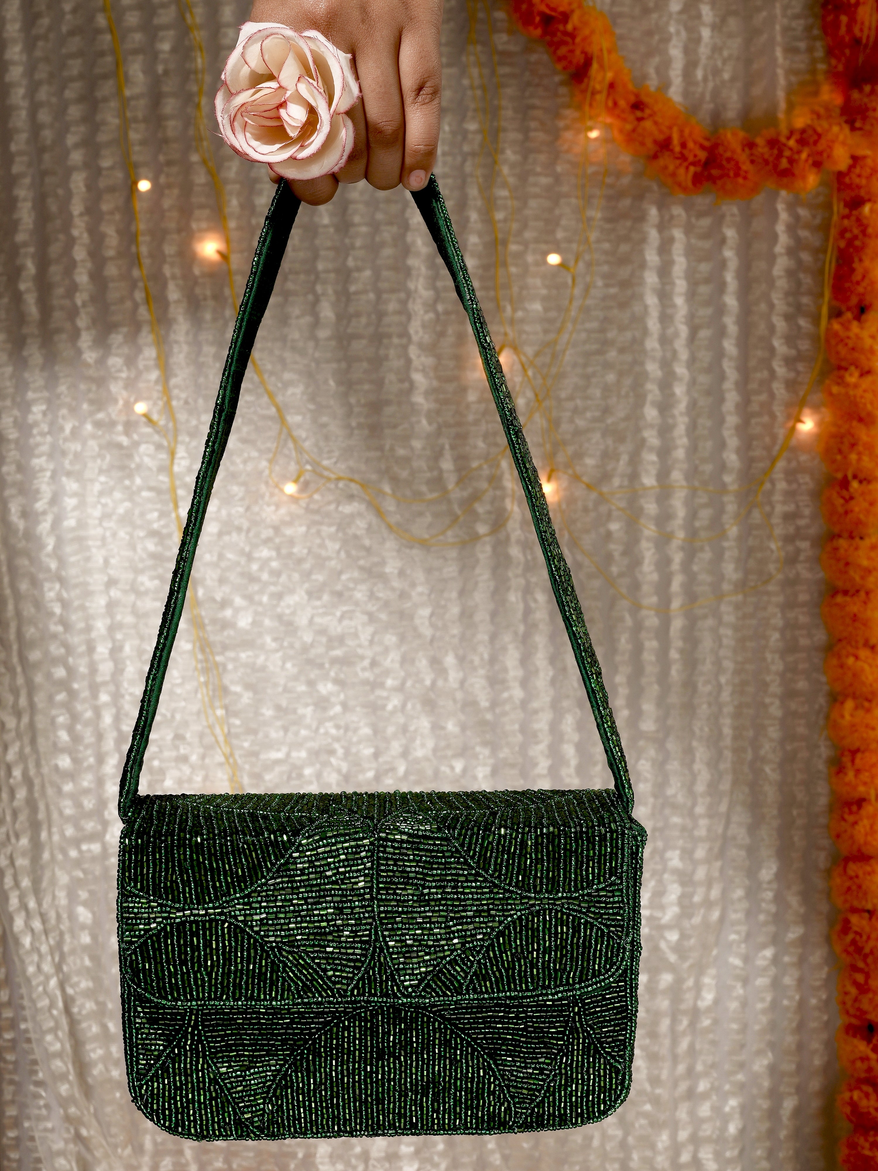 Evergreen Luxe Beaded Purse - 7.5 x 5 Inches
