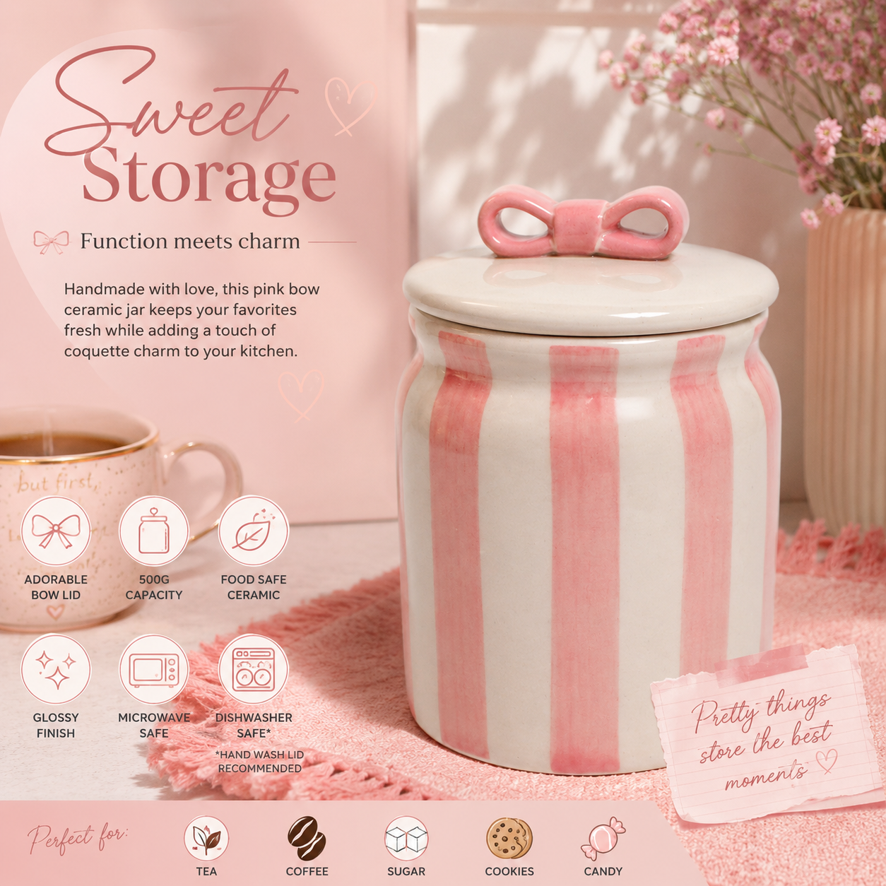 Pink Bow Ceramic Jar with Lid for Kitchen Storage