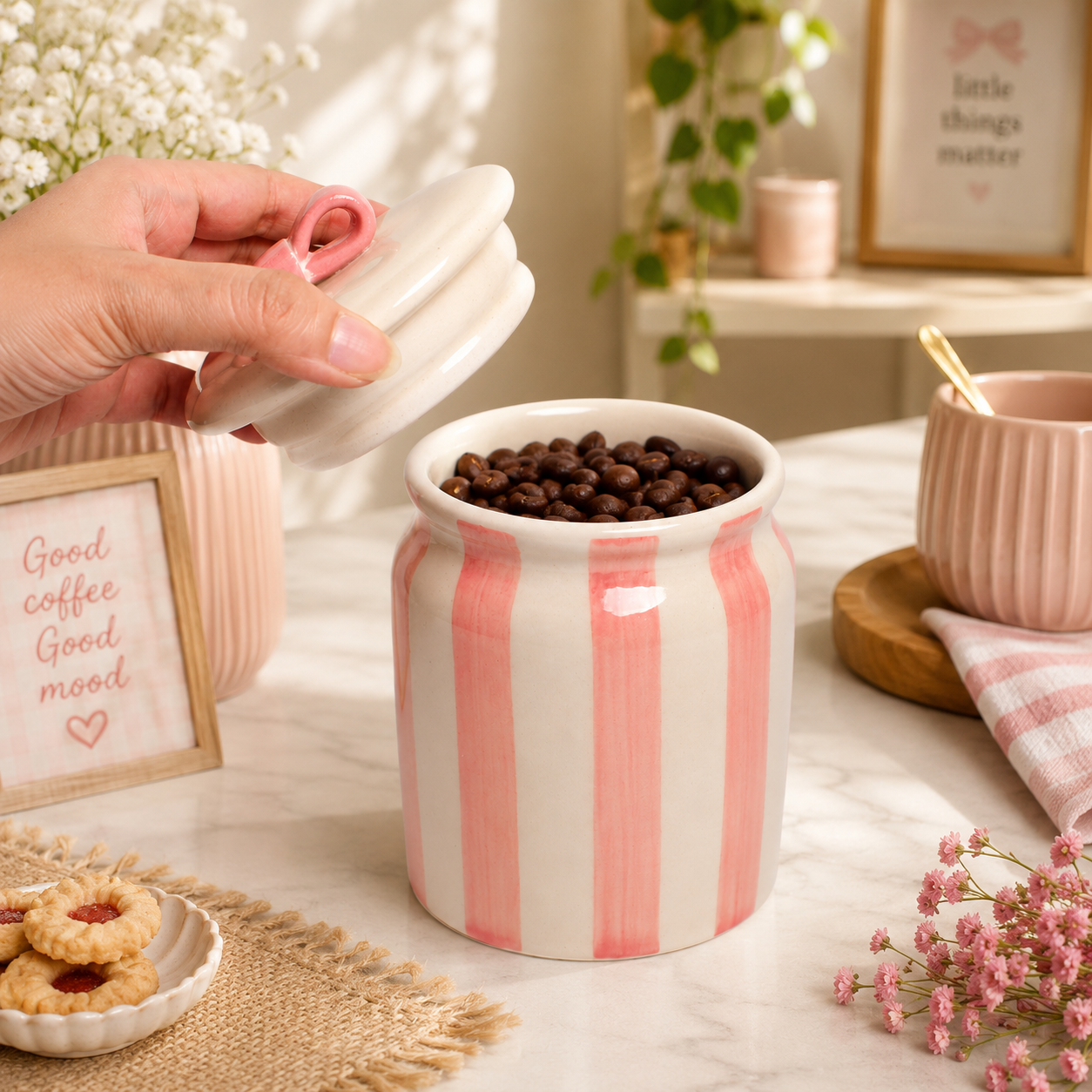 Pink Bow Ceramic Jar with Lid for Kitchen Storage