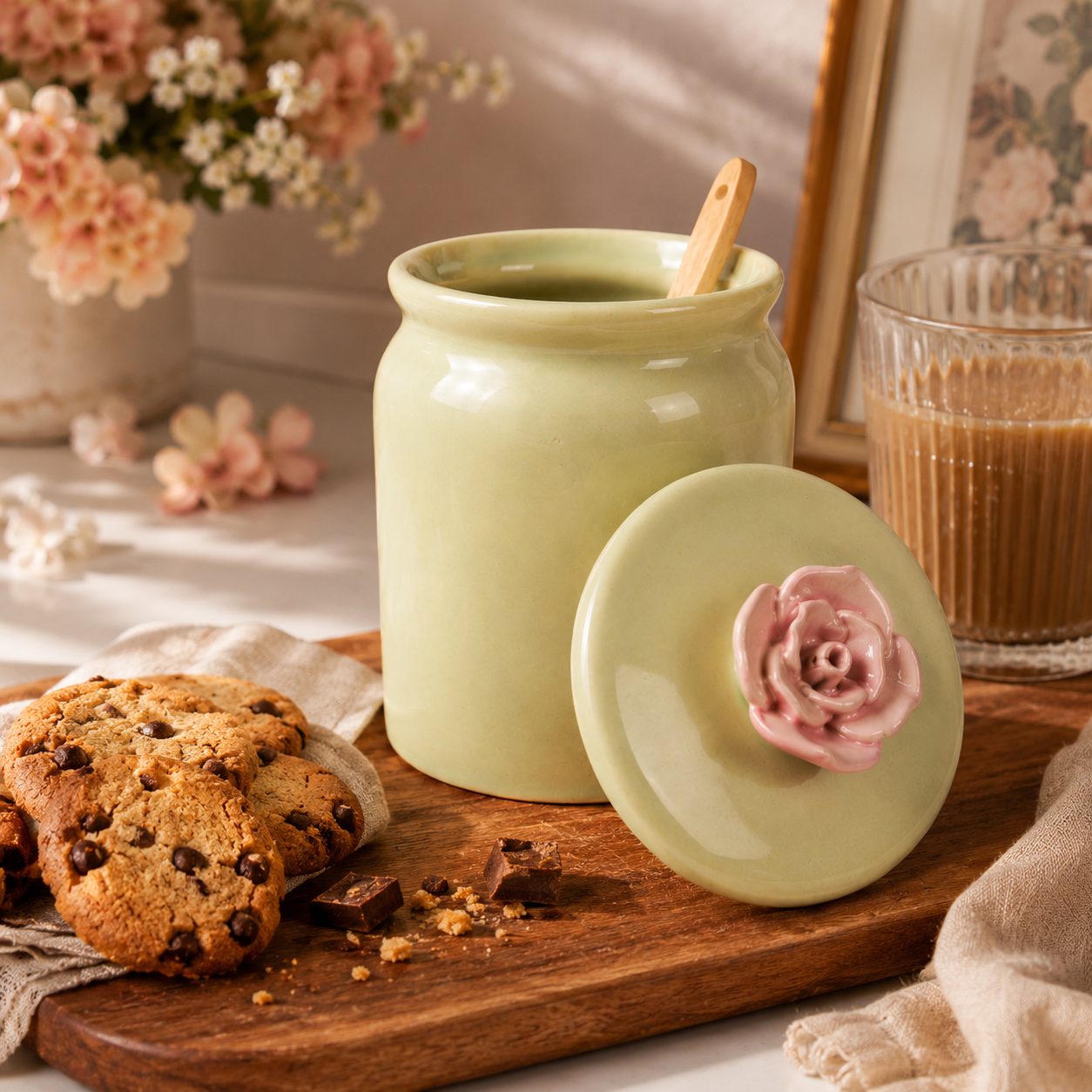 Handmade Pink Flower Ceramic Storage Jar with Lid