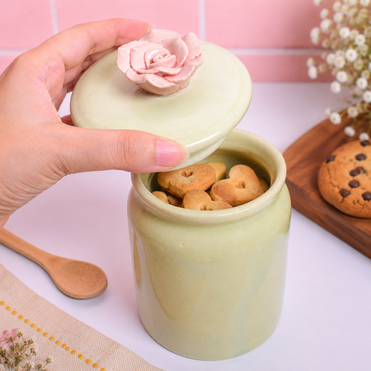 Handmade Pink Flower Ceramic Storage Jar with Lid