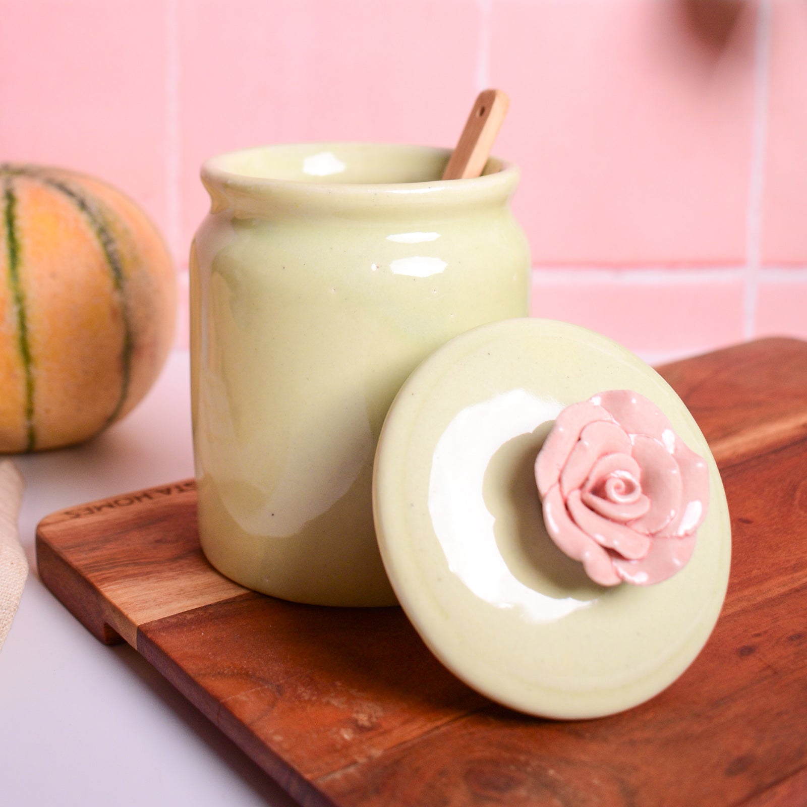 Handmade Pink Flower Ceramic Storage Jar with Lid
