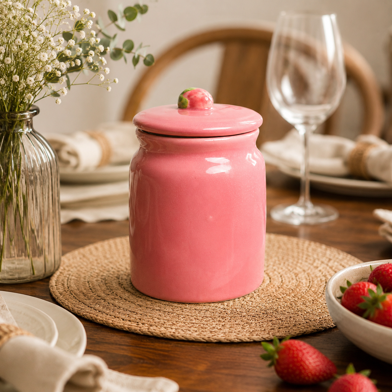 Strawberry Pink Ceramic Jar | Kitchen Storage Lid