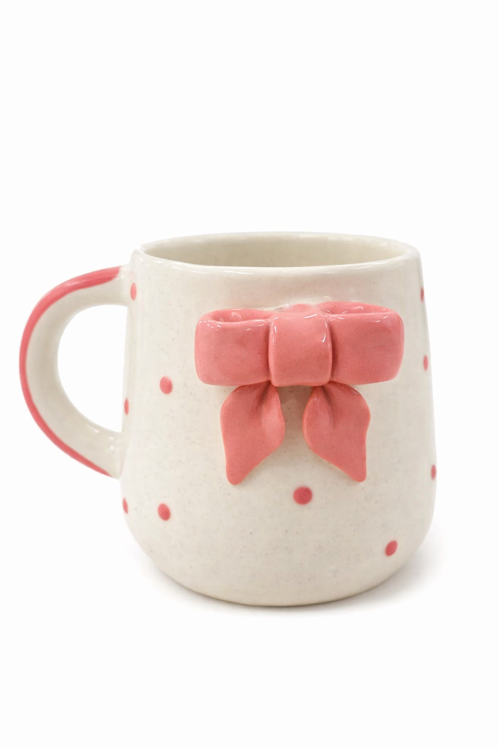 Handcrafted Ceramic Bow Mug Pink Polka Dot Coffee & Tea Cup