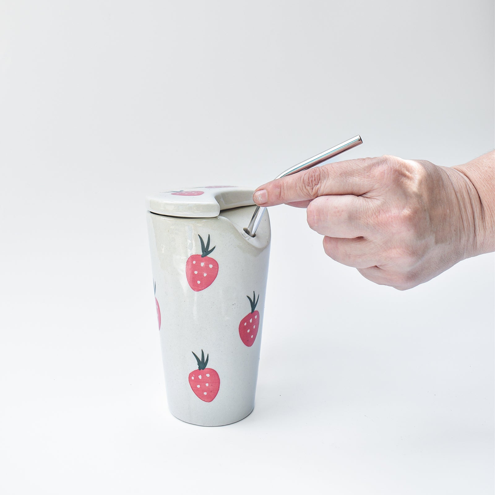 Strawberry Ceramic Tumbler With Straw - 6 x 2.7 Inches , 8.45 oz