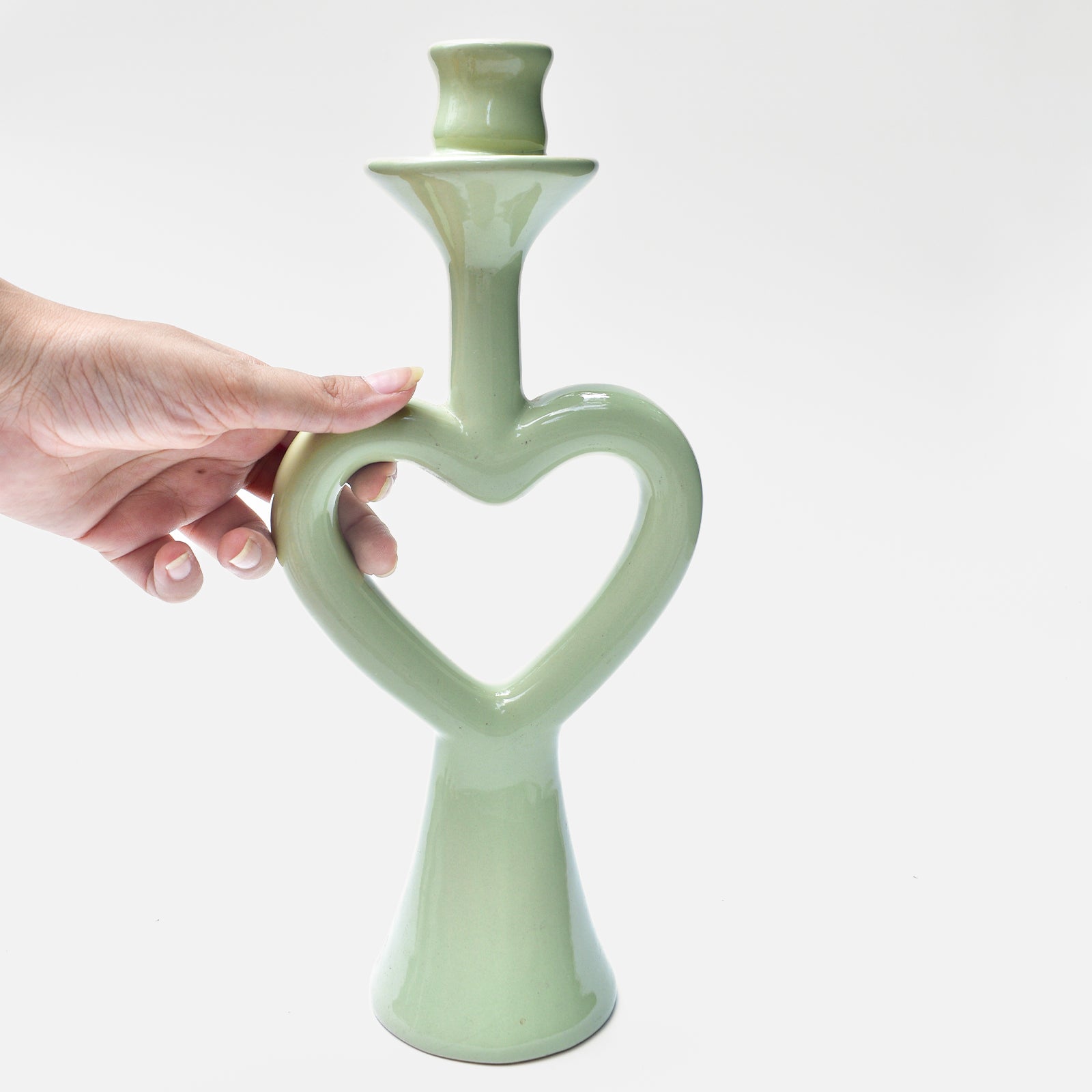 Green Heart Ceramic Candle Stand - 12 x 5 Inches
