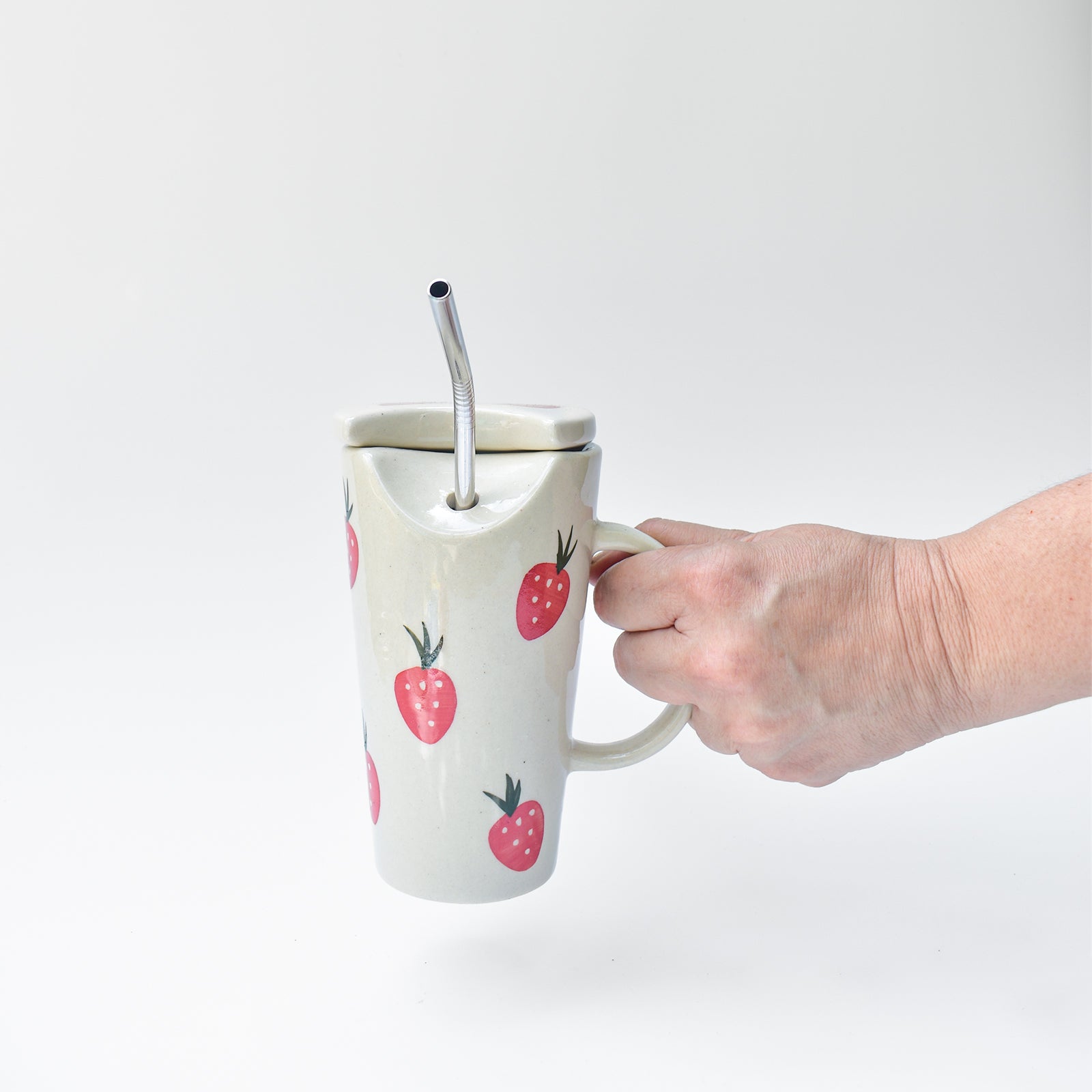 Strawberry Ceramic Tumbler With Straw - 6 x 2.7 Inches , 8.45 oz