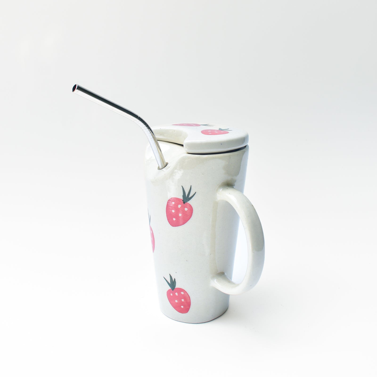Strawberry Ceramic Tumbler With Straw - 6 x 2.7 Inches , 8.45 oz