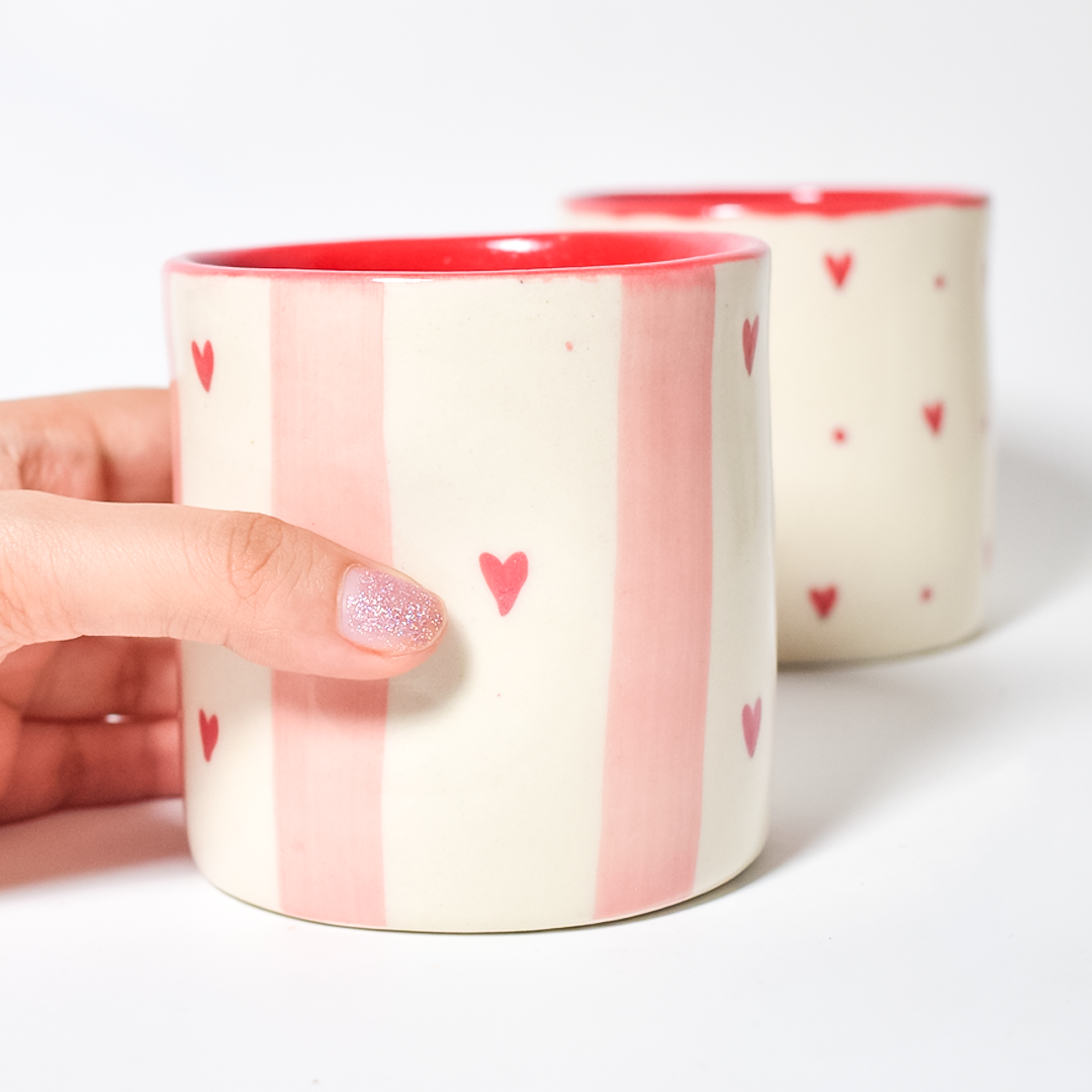 Striped Hearts Ceramic Tumbler - 3.5 x 3 inches (Set of 4)