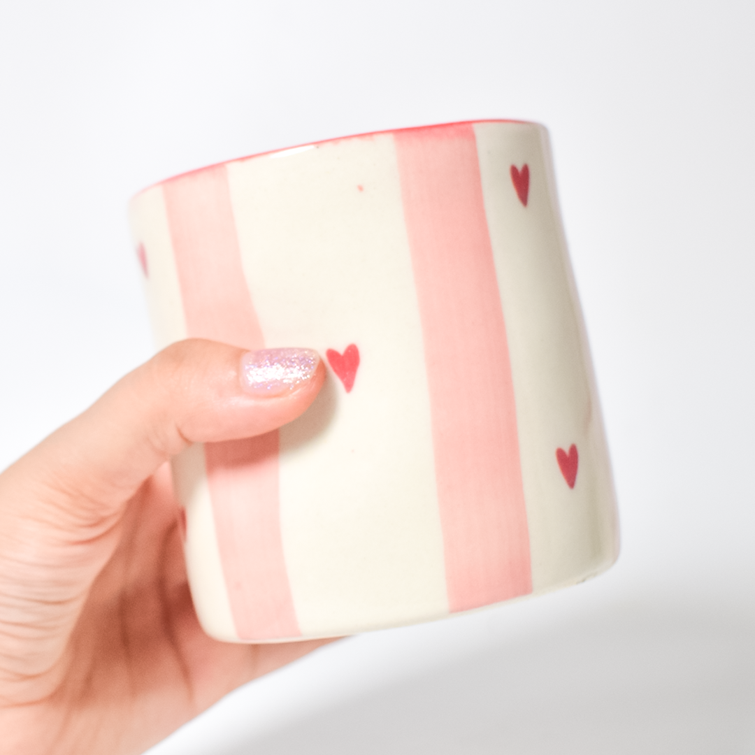 Striped Hearts Ceramic Tumbler - 3.5 x 3 inches (Set of 4)