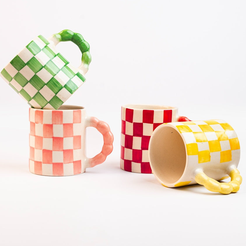 Green Checkered Ceramic Mug , 3x3x3.5 Inches (Set of 2)