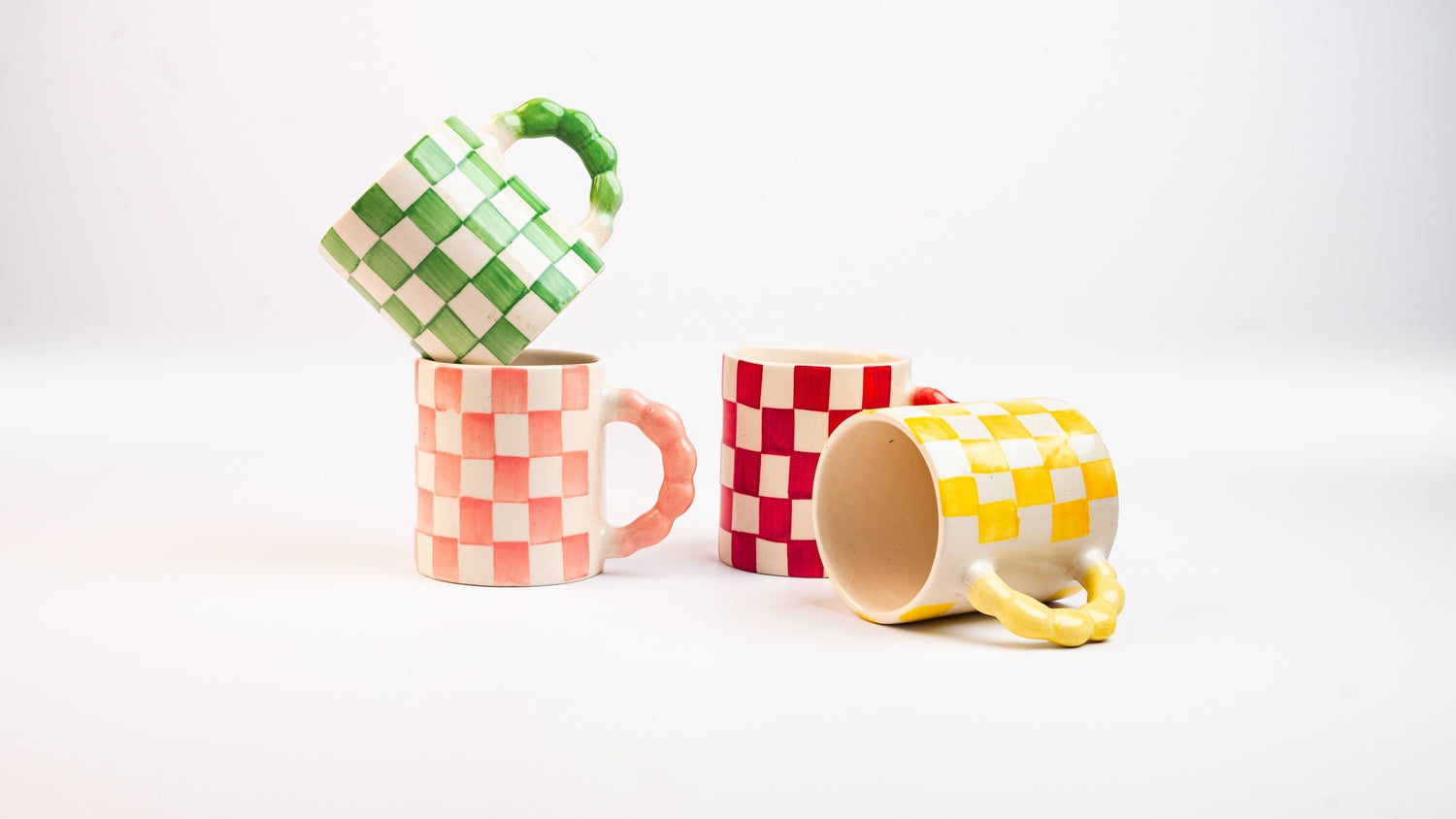 Yellow Checkered Ceramic Mug , 3x3x3.5 Inches (Set of 2)