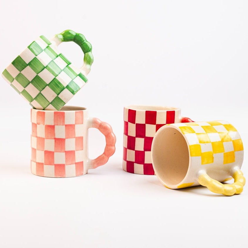 Yellow Checkered Ceramic Mug , 3x3x3.5 Inches (Set of 2)