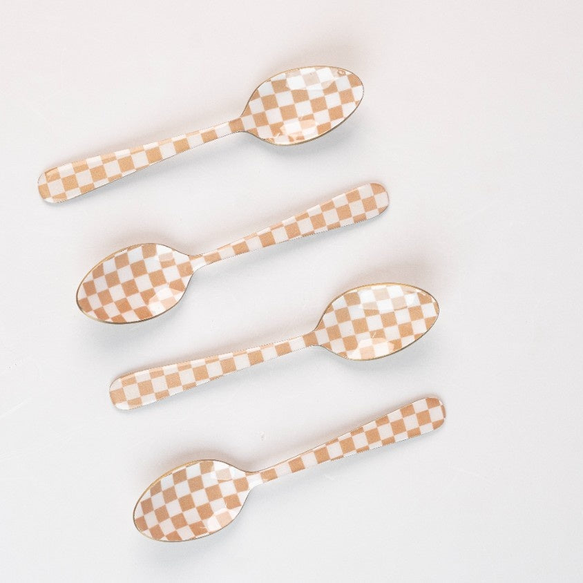 Checkered Enamel Spoon Set – (Set of 4) , 5.4 x 1 Inches