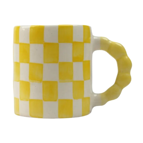 Yellow Checkered Ceramic Mug , 3x3x3.5 Inches (Set of 2)