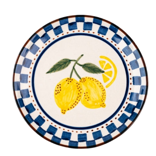 Lemon Checkered Ceramic Snack Plate , Blue - 7x7 Inches (Set of 2)