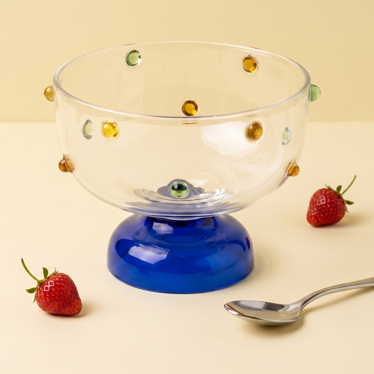 Blue Borosilicate Glass Dessert Bowl | Confetti Dot Rim | Set Of 2