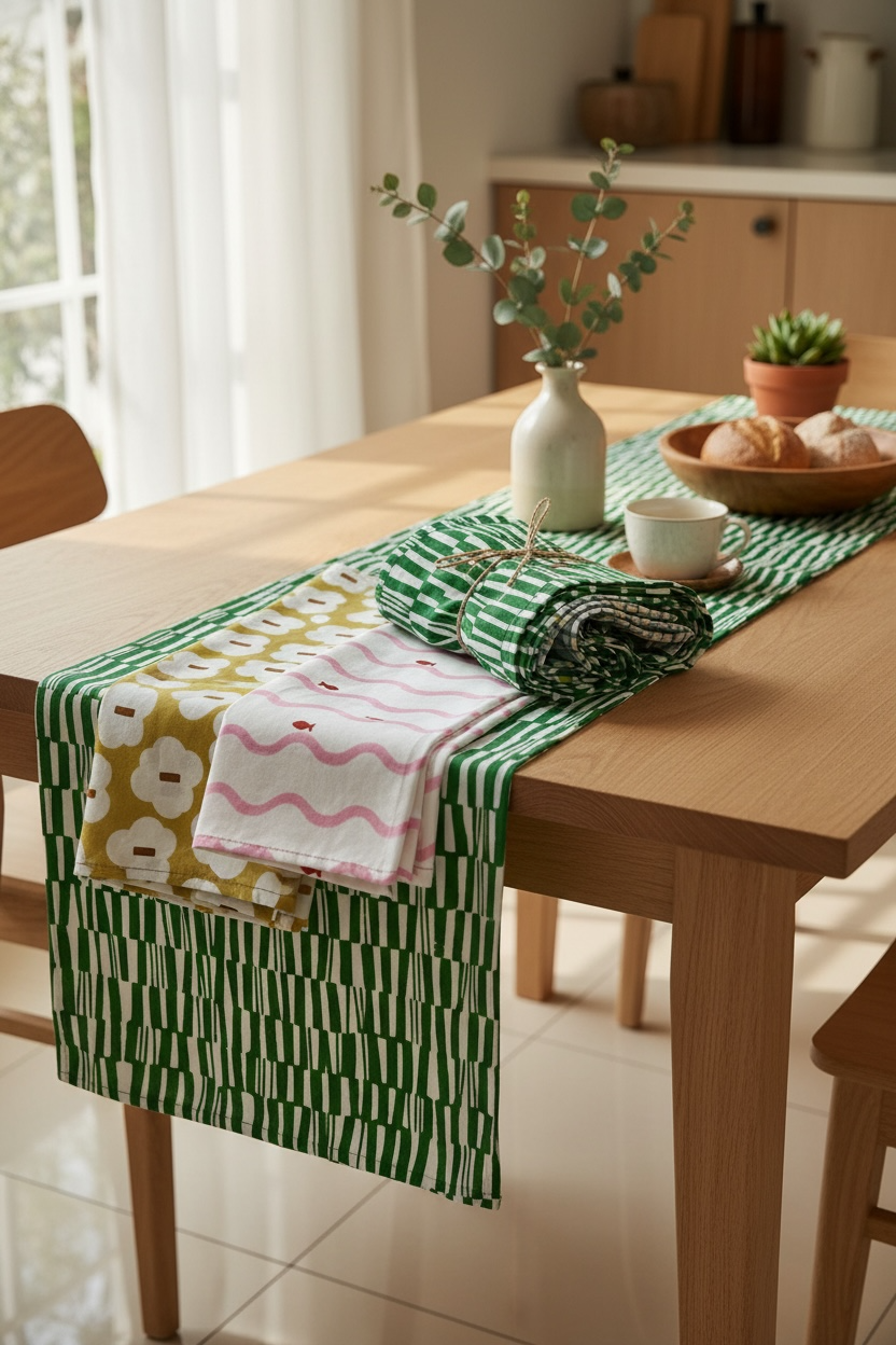 Garden Graph Table Runner | Block Print Cotton | 17x76.5"