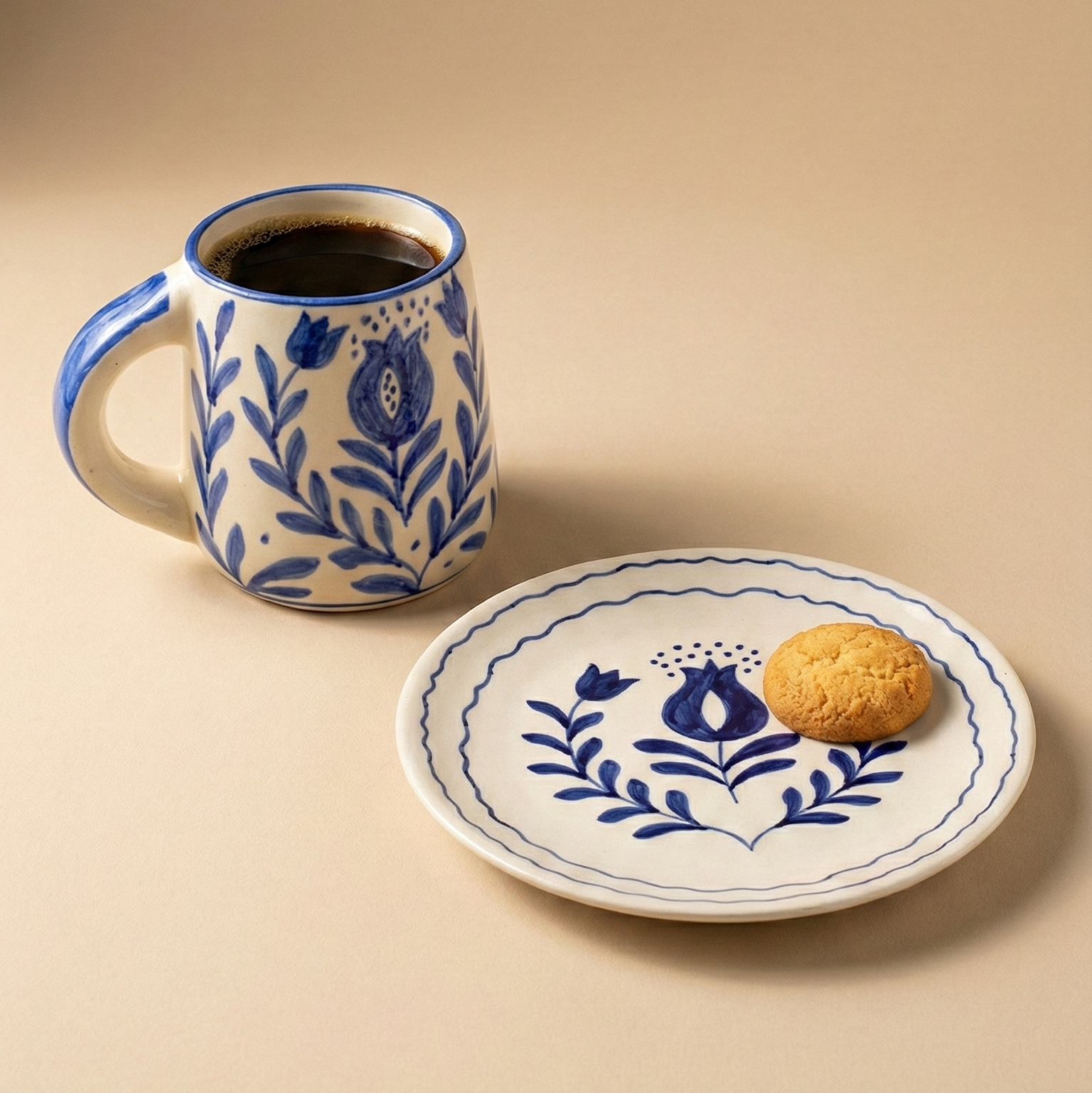 Blue Anaar Ceramic Breakfast Set - Coffee Cup & Side Plate (Set of 2)