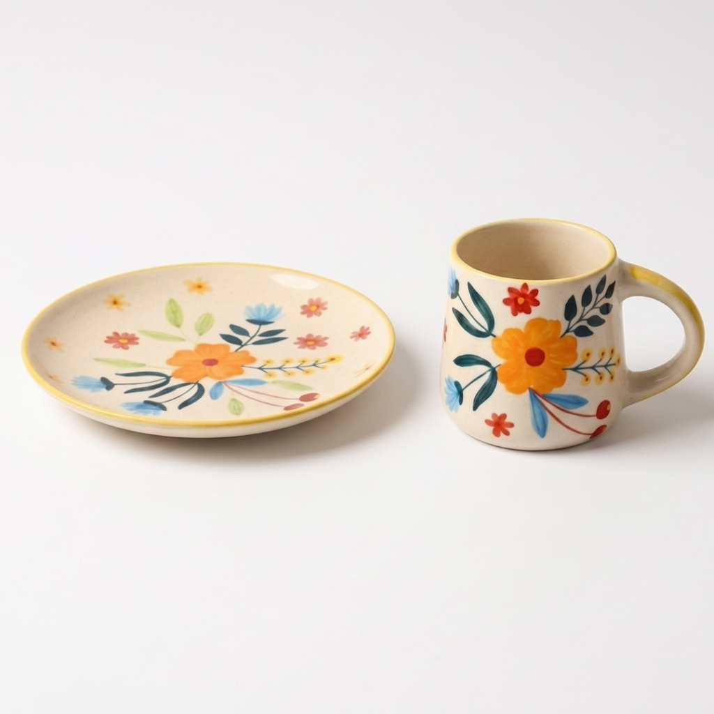 Floral Extravaganza Hand-Painted Mug & Plate Set - Set of 2