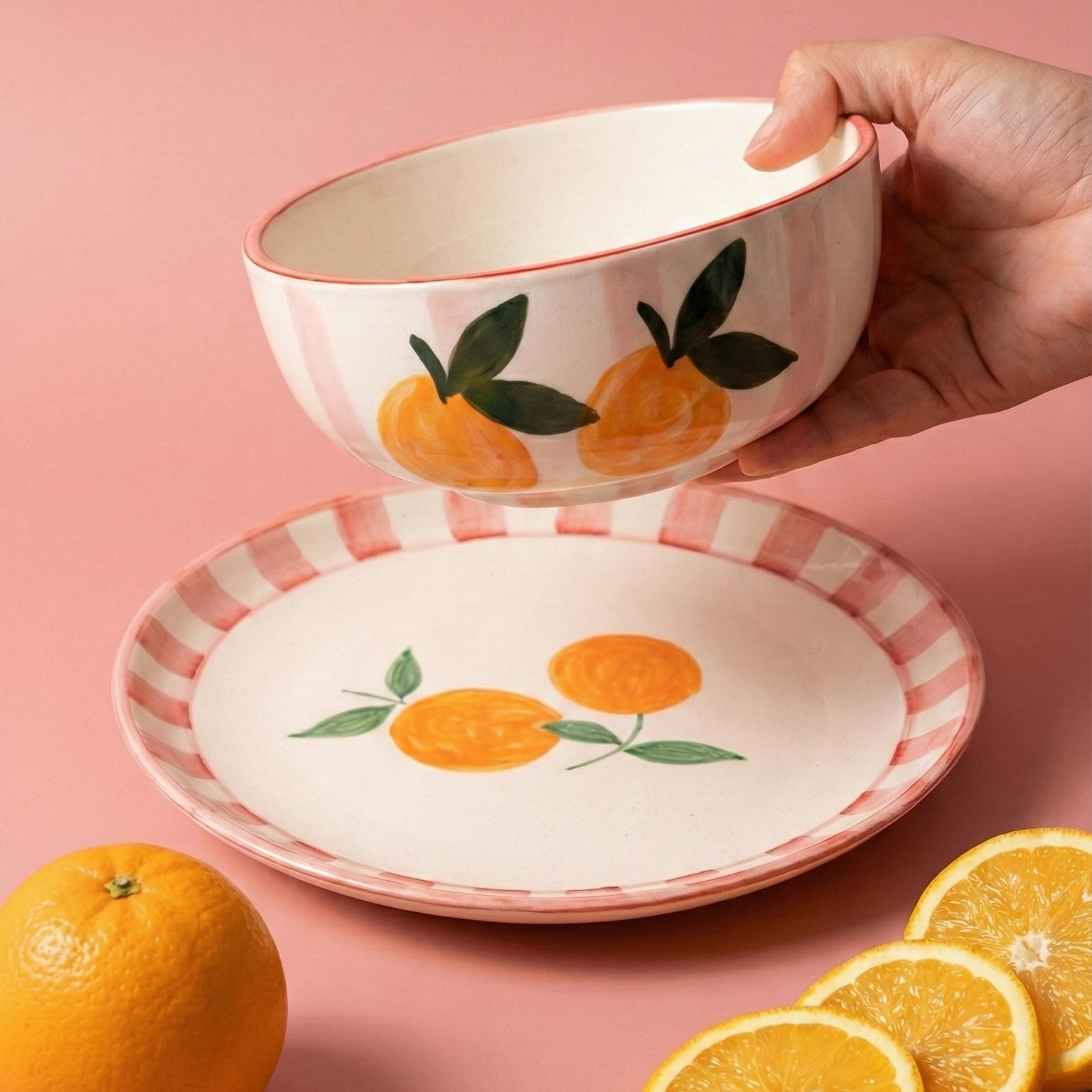 Pink Striped Ceramic Breakfast Bowl & Plate Set – (Set of 2)