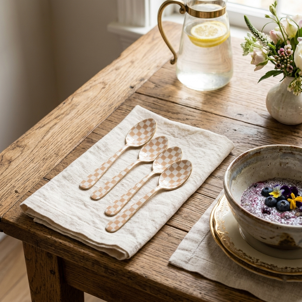 Checkered Enamel Spoon Set – (Set of 4) , 5.4 x 1 Inches