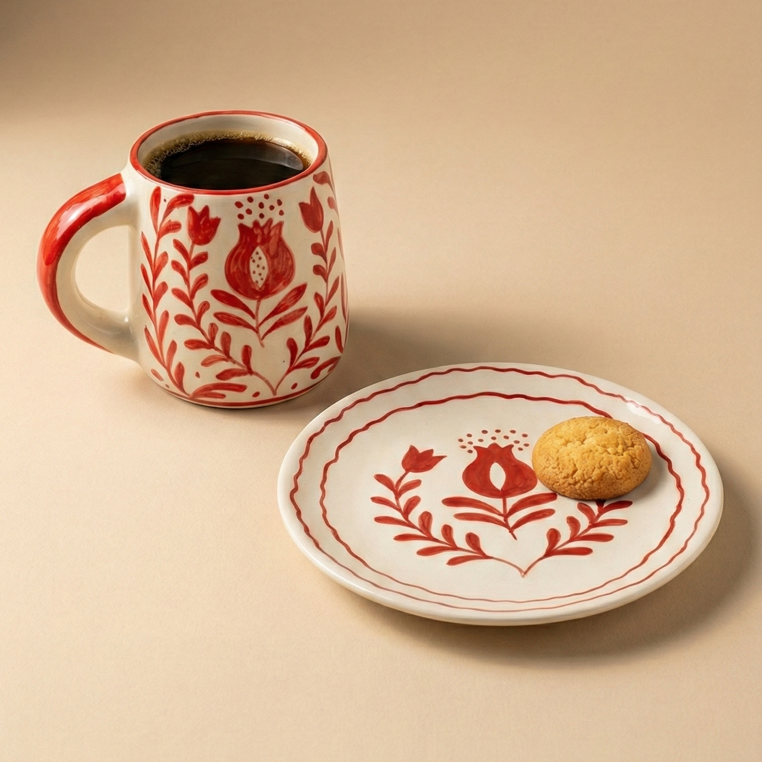 Red Anaar Ceramic Breakfast Set - Coffee Cup & Side Plate (Set of 2)