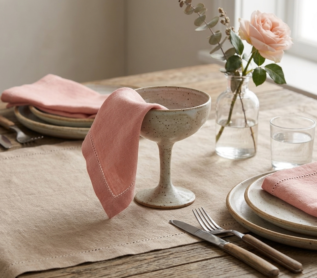 Solid  Chambray Weave Table Napkins With Hem Stitch- 2 SETS