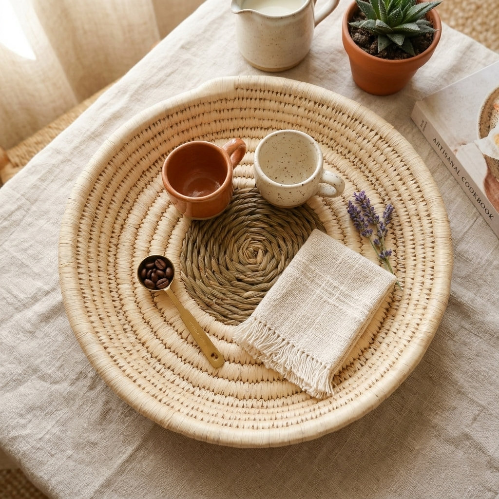 Palm & Sabai Grass Round Basket, 13" Inches round (Set of 2)