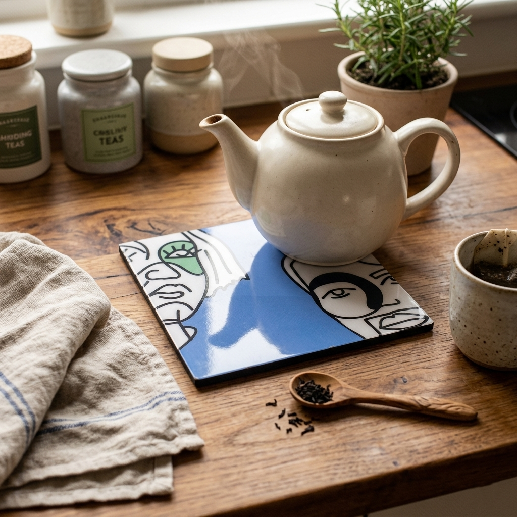 Faces Aqua Blue Trivet - 8x8x0.2 Inches