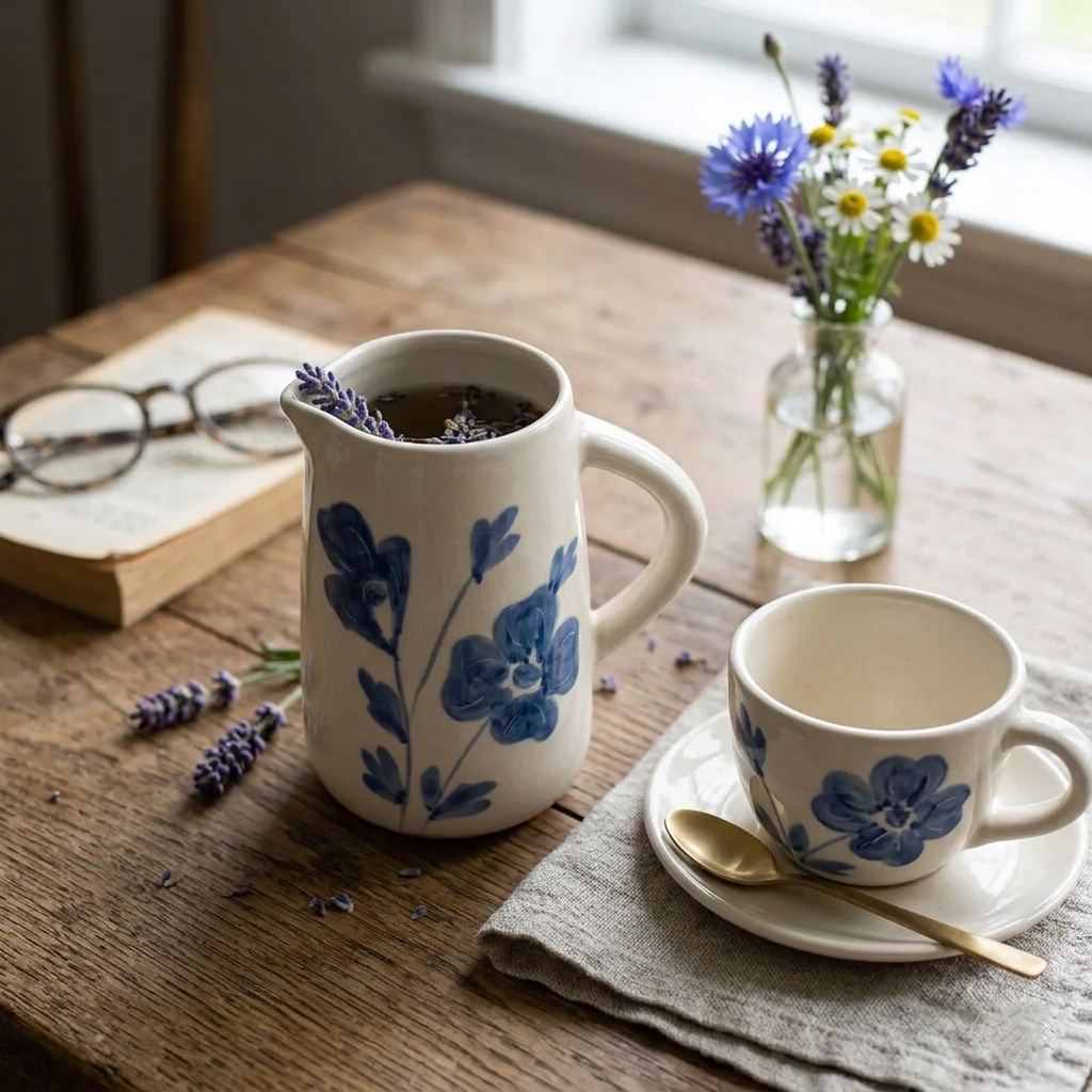Blue Blossom Ceramic Water Pitcher , 3.5x3.5x8 Inches