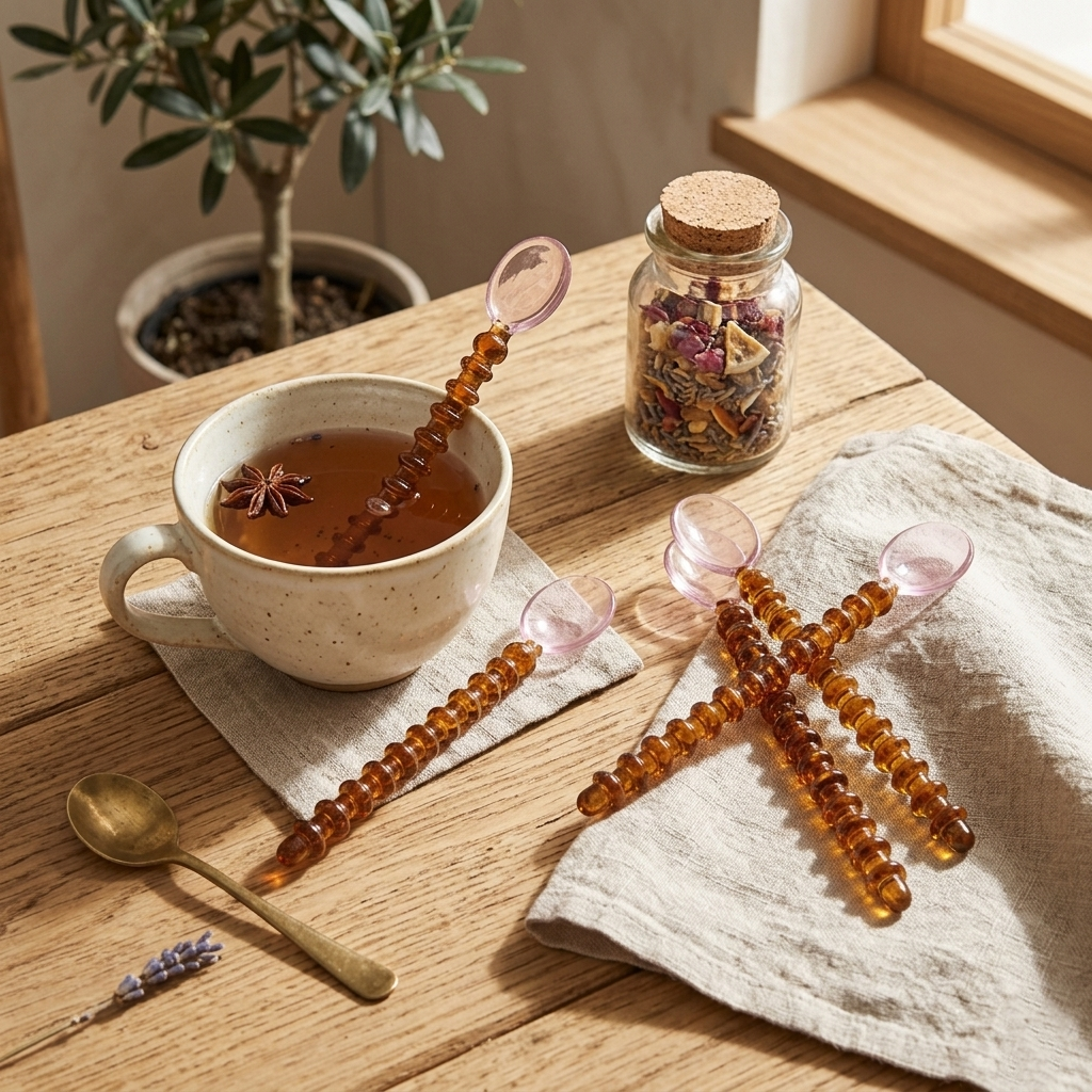 Glass Spoon with Beaded Handle Pink Amber (Set of 4)
