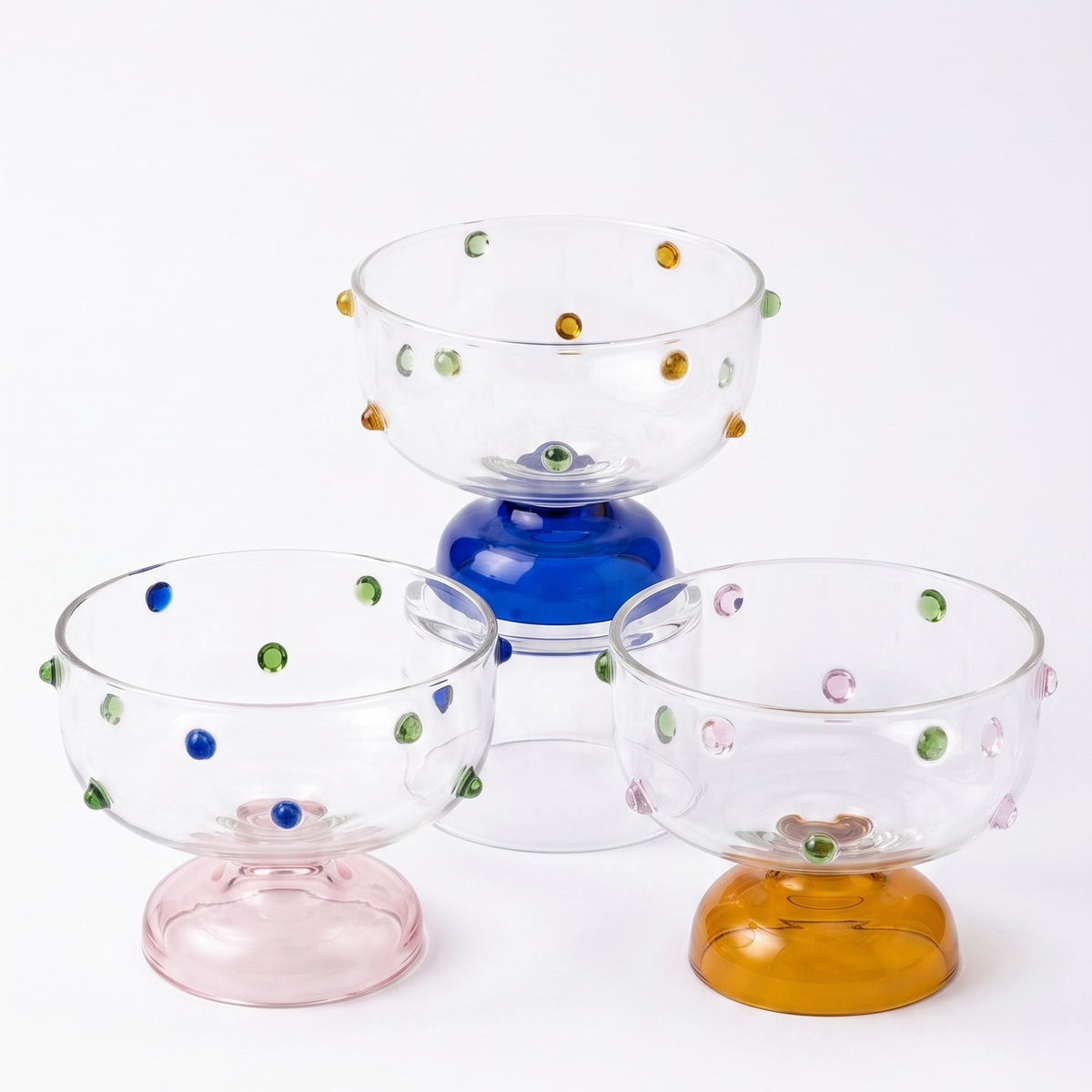 Assorted Dessert Glass Bowl | Handblown Borosilicate Glass | Amber, Pink & Blue
