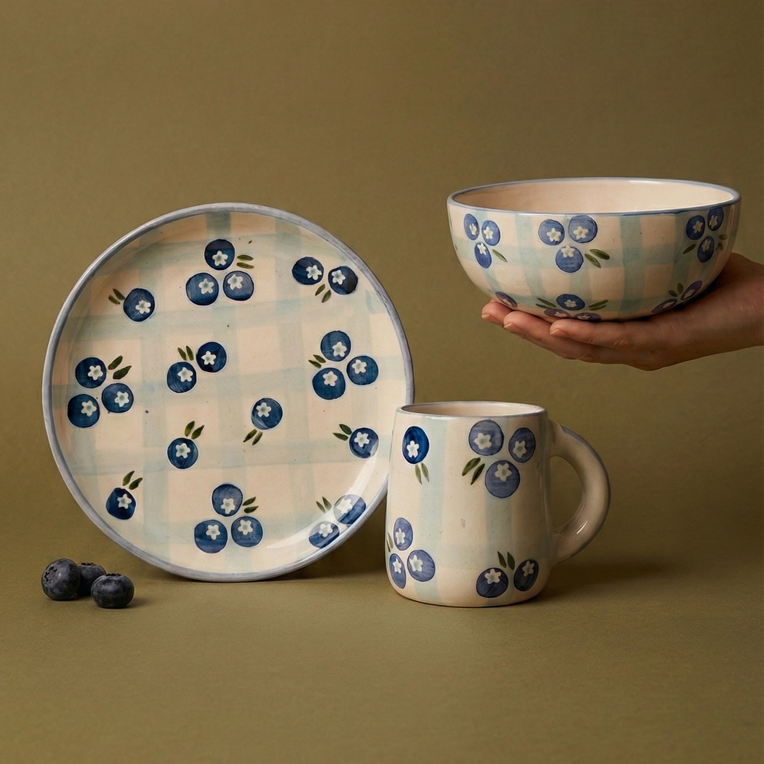 Blueberry Ceramic Breakfast Set - Coffee Cup , Side Plate And Breakfast Bowl (Set of 3)