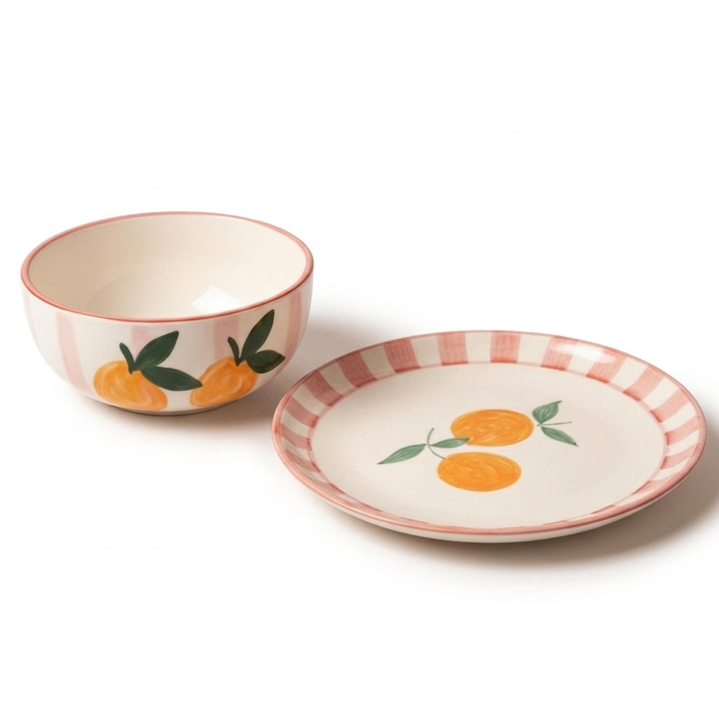 Pink Striped Ceramic Breakfast Bowl & Plate Set – (Set of 2)