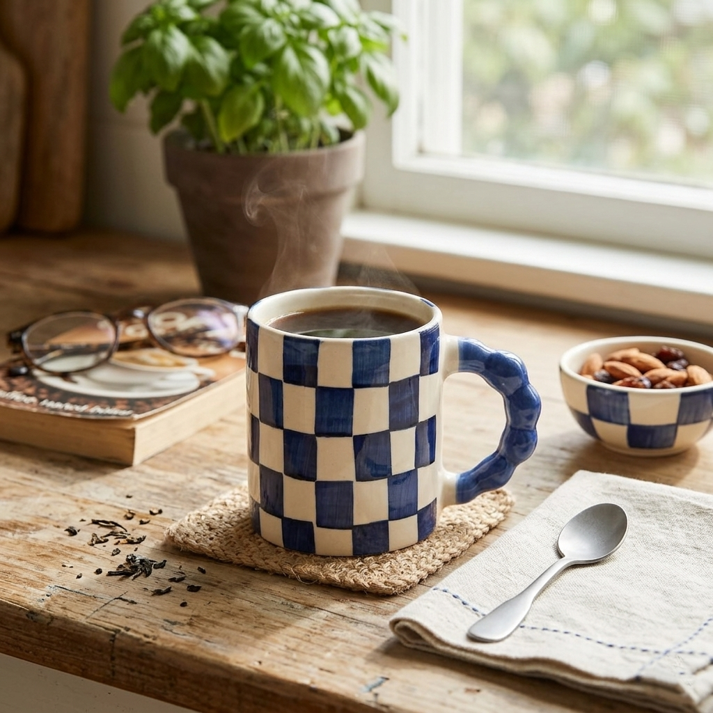 Blue Checkered Ceramic Mug , 3x3x3.5 Inches (Set of 2)