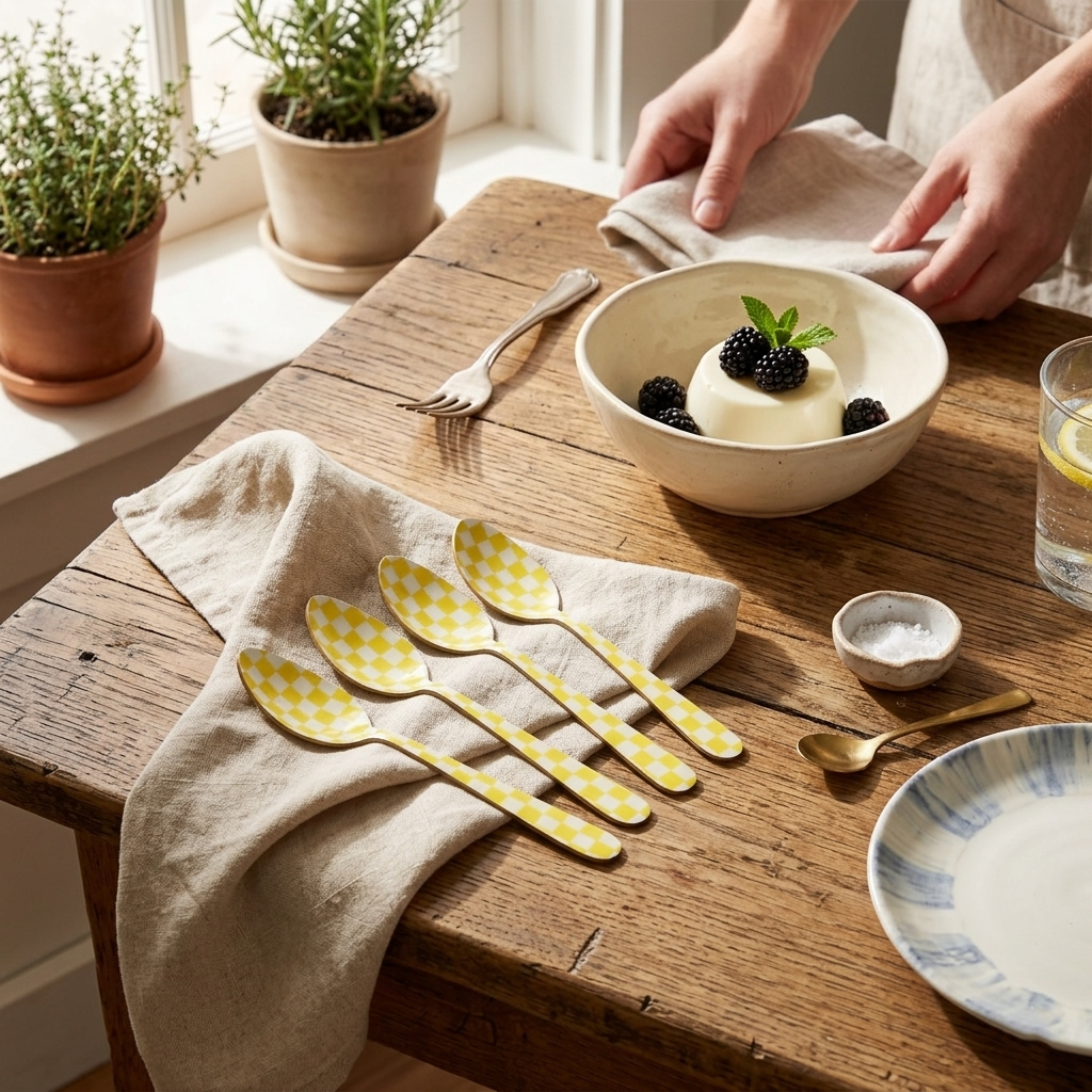 Yellow Enamel Spoon Set – (Set of 4) , 5.4 x 1 Inches