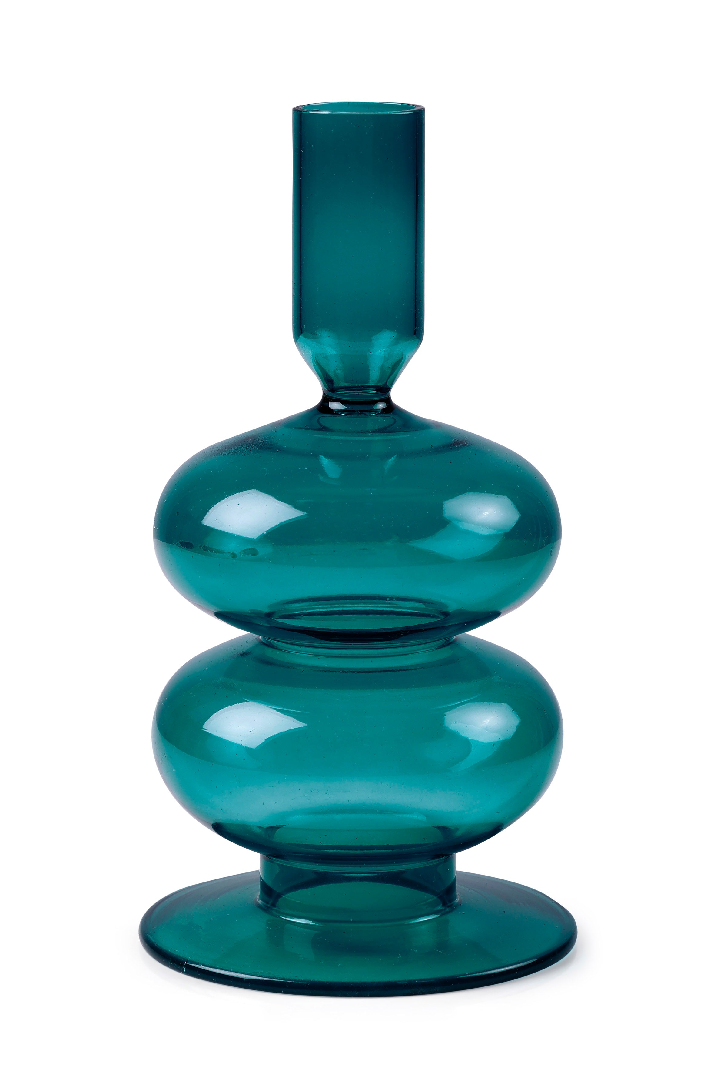 Retro Wavy Glass Candle Holder- 7 x3.5 Inches, Teal (Set of 4)