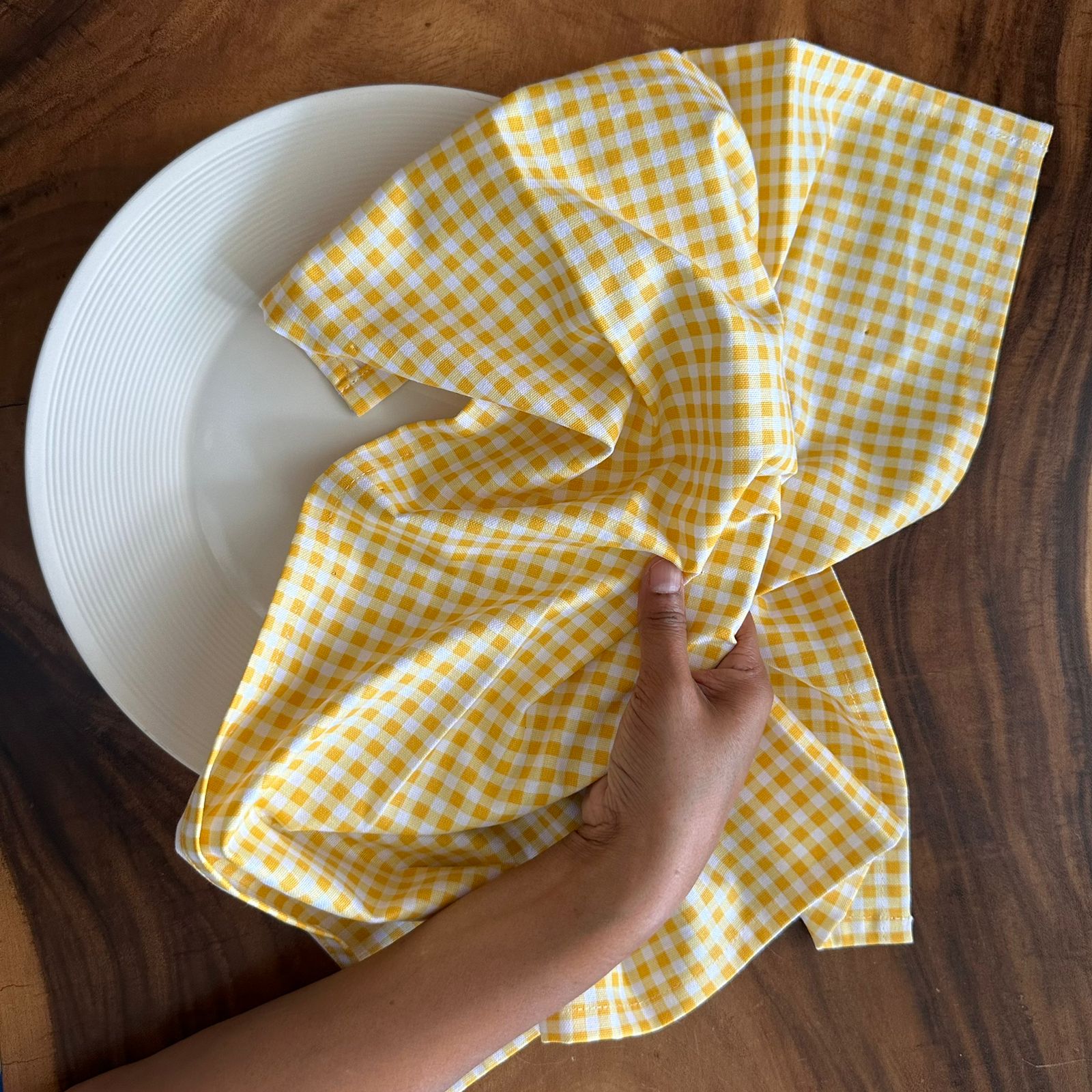 Honeycomb, Lemon & Yellow Checks Cotton Kitchen Towels ,  Set of 3 - 15x23 Inches
