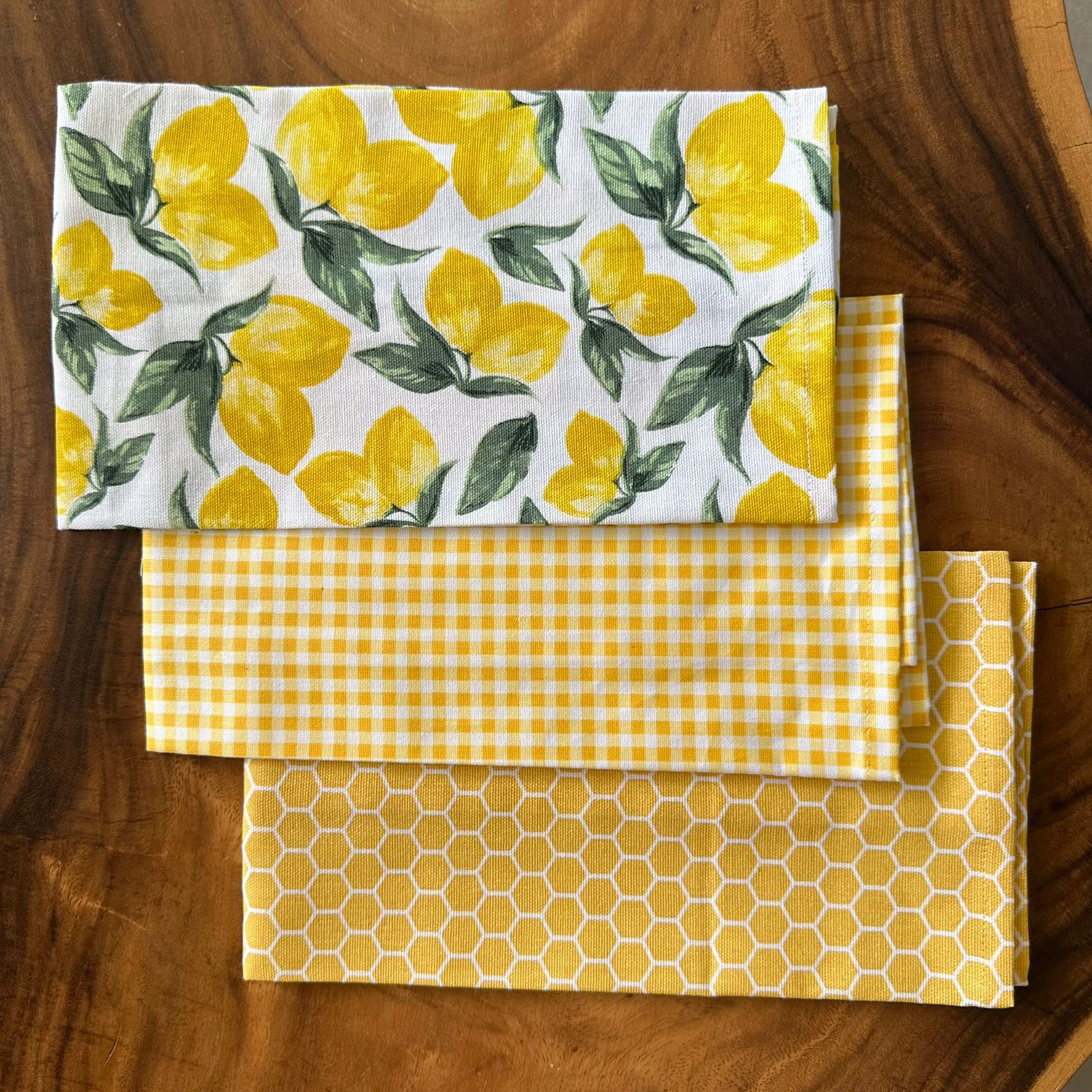 Honeycomb, Lemon & Yellow Checks Cotton Kitchen Towels ,  Set of 3 - 15x23 Inches