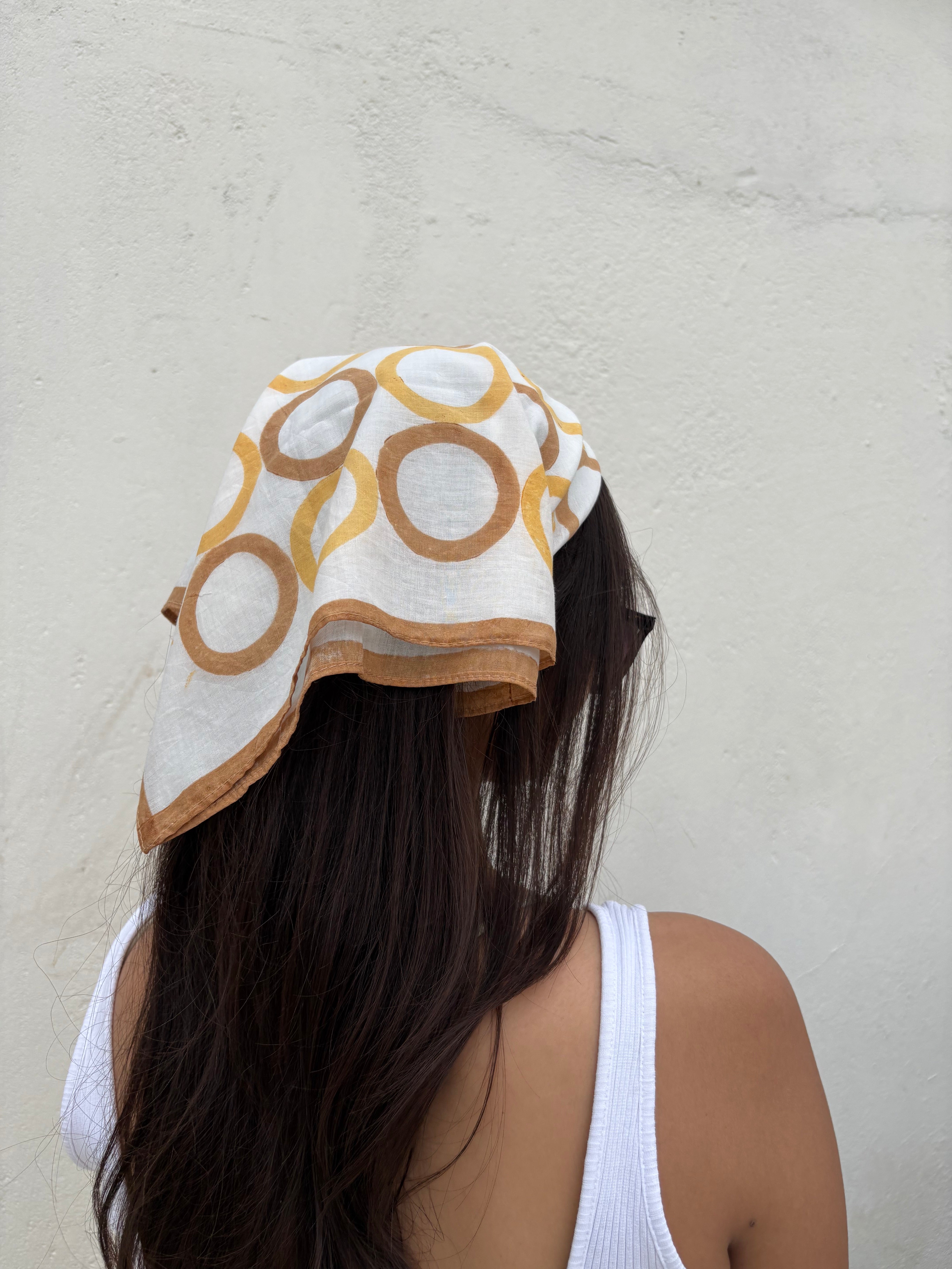 Circles Hand Block Printed Scarf , Yellow & Brown , 20 x 20 Inches (Set of 2)