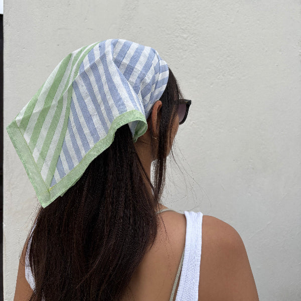 Striped Hand Block Printed Scarf , Green & Blue , 20 x 20 Inches (Set of 2)