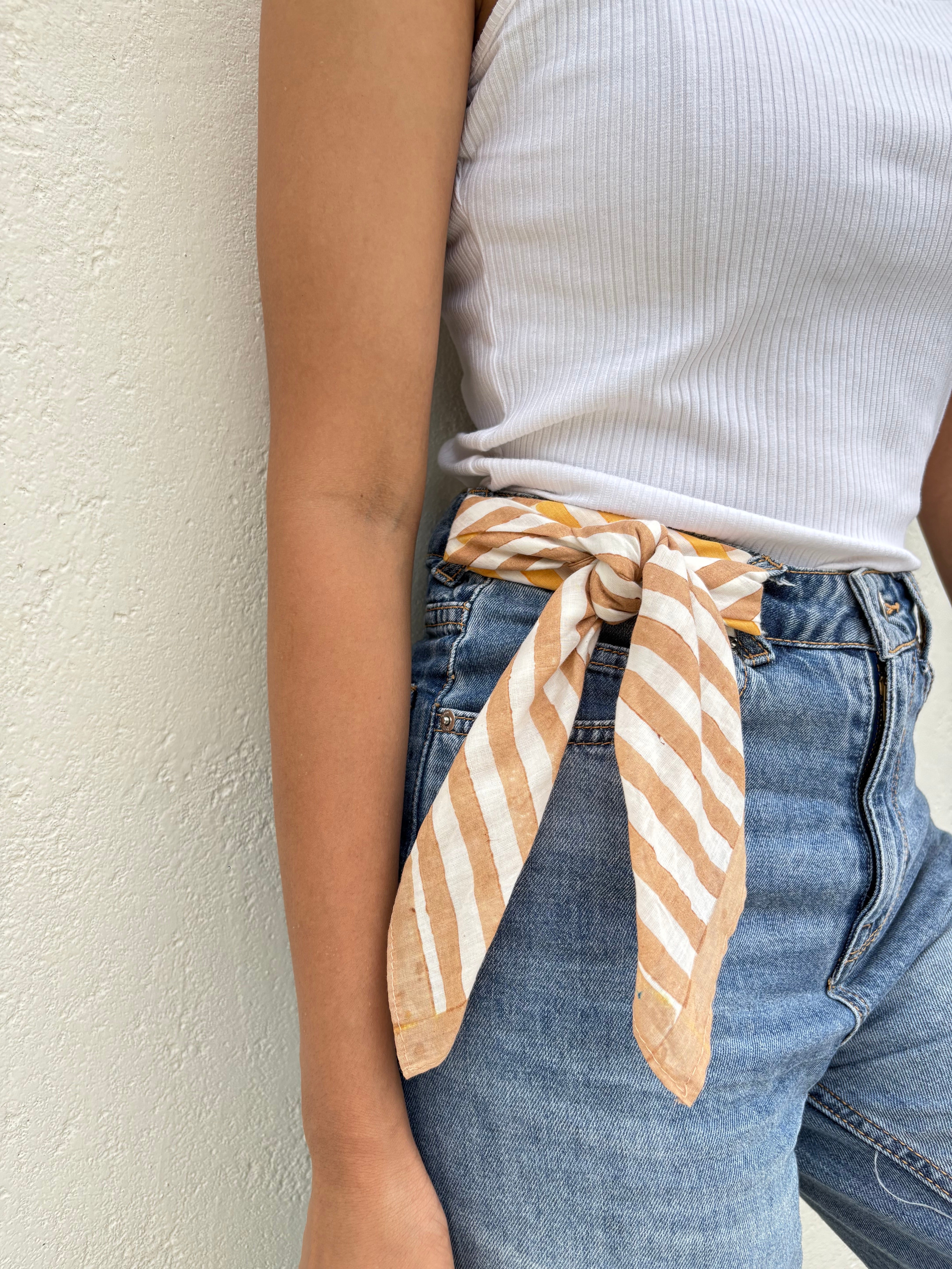 Striped Hand Block Printed Scarf , Yellow & Brown , 20 x 20 Inches (Set of 2)