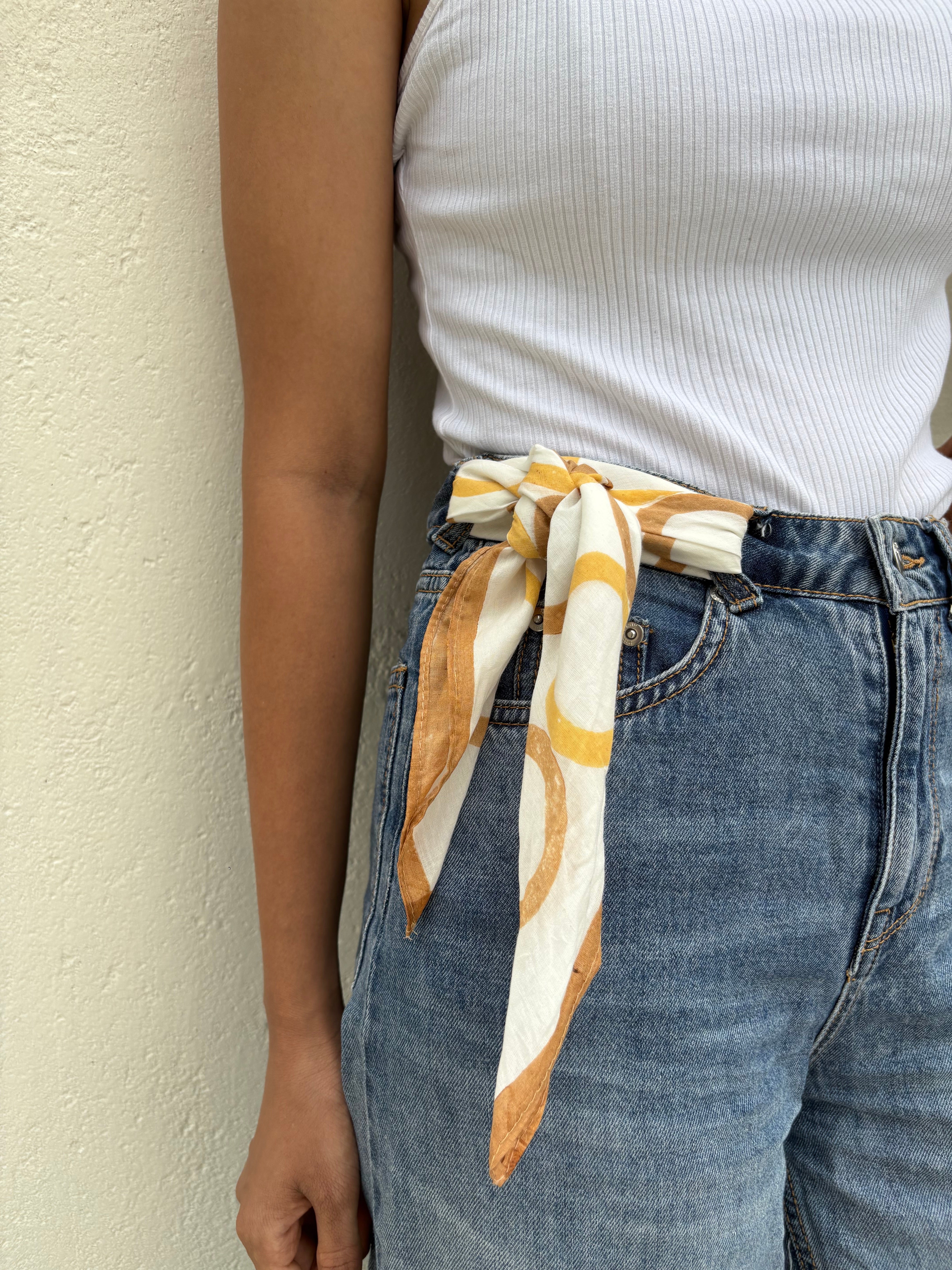 Circles Hand Block Printed Scarf , Yellow & Brown , 20 x 20 Inches (Set of 2)