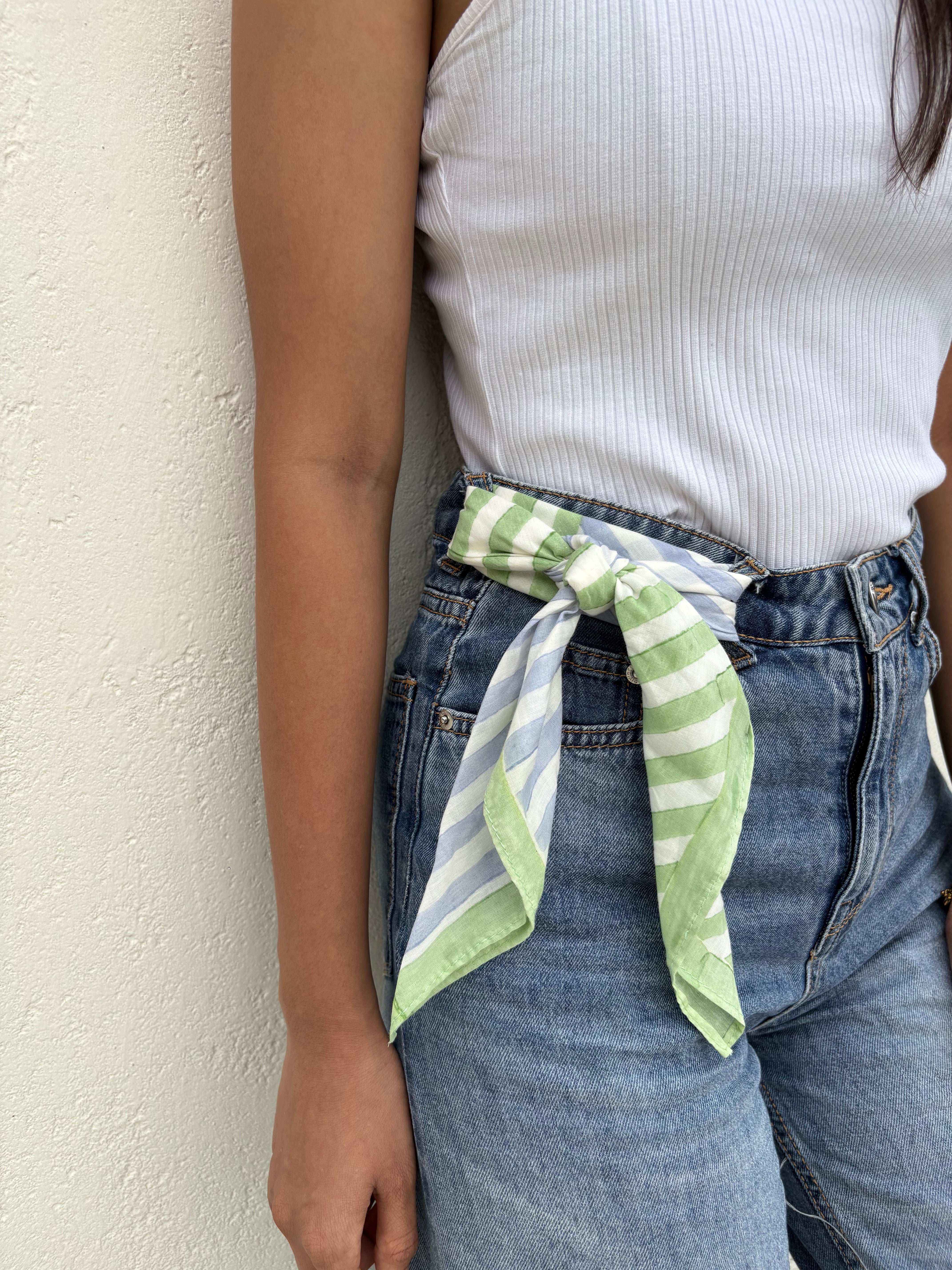 Striped Hand Block Printed Scarf , Green & Blue , 20 x 20 Inches (Set of 2)