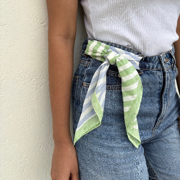 Striped Hand Block Printed Scarf , Green & Blue , 20 x 20 Inches (Set of 2)