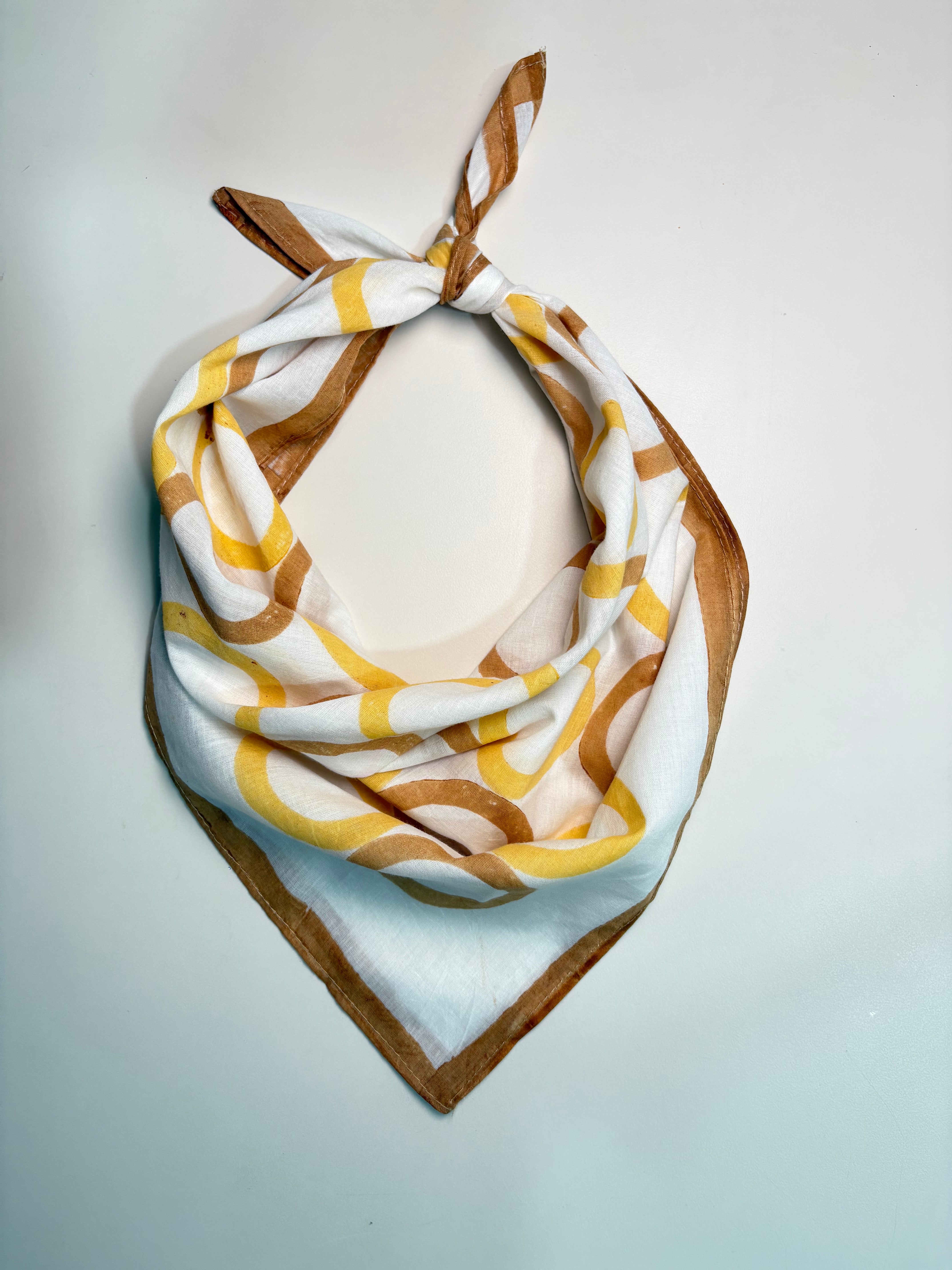 Circles Hand Block Printed Scarf , Yellow & Brown , 20 x 20 Inches (Set of 2)