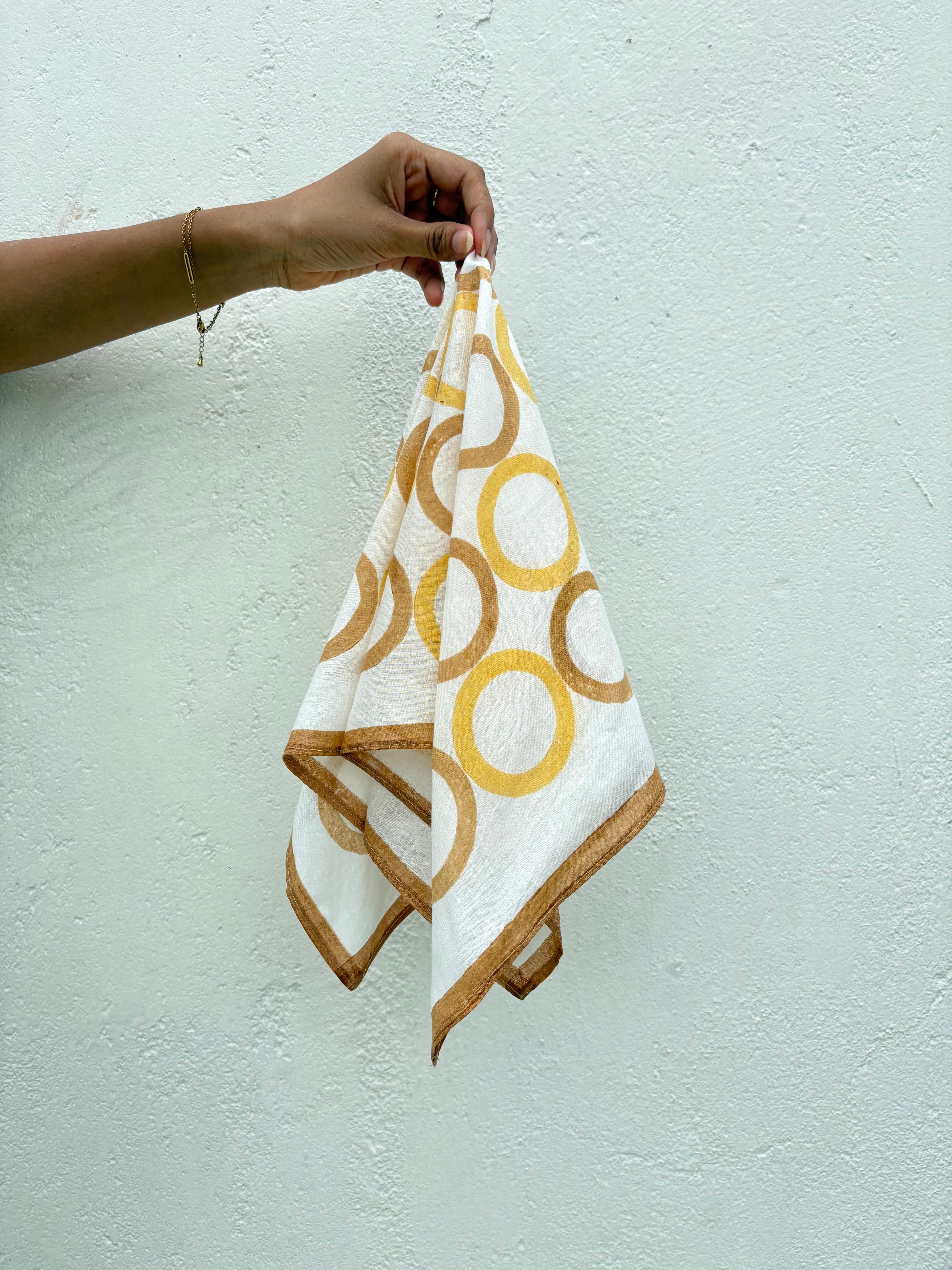 Circles Hand Block Printed Scarf , Yellow & Brown , 20 x 20 Inches (Set of 2)